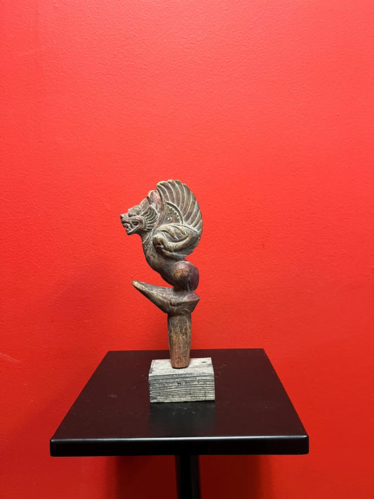 Beautiful 8 inch tall southeast Asian antique intricately carved wooden mythical statue on stand  great detail and perfect gift