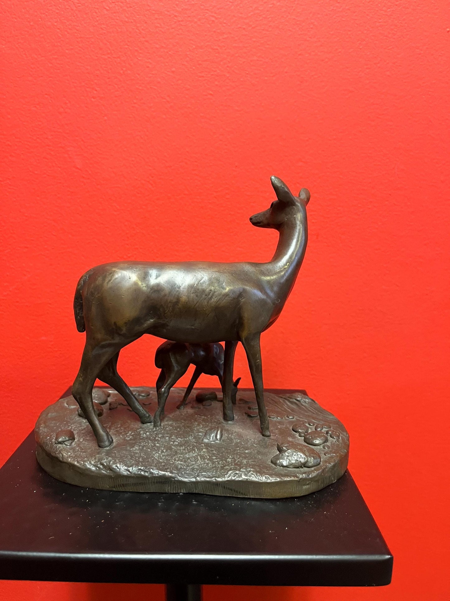 Lovely 8 x  6 1/2 inch high solid bronze antique deer and fawn  great condition and beautiful patina