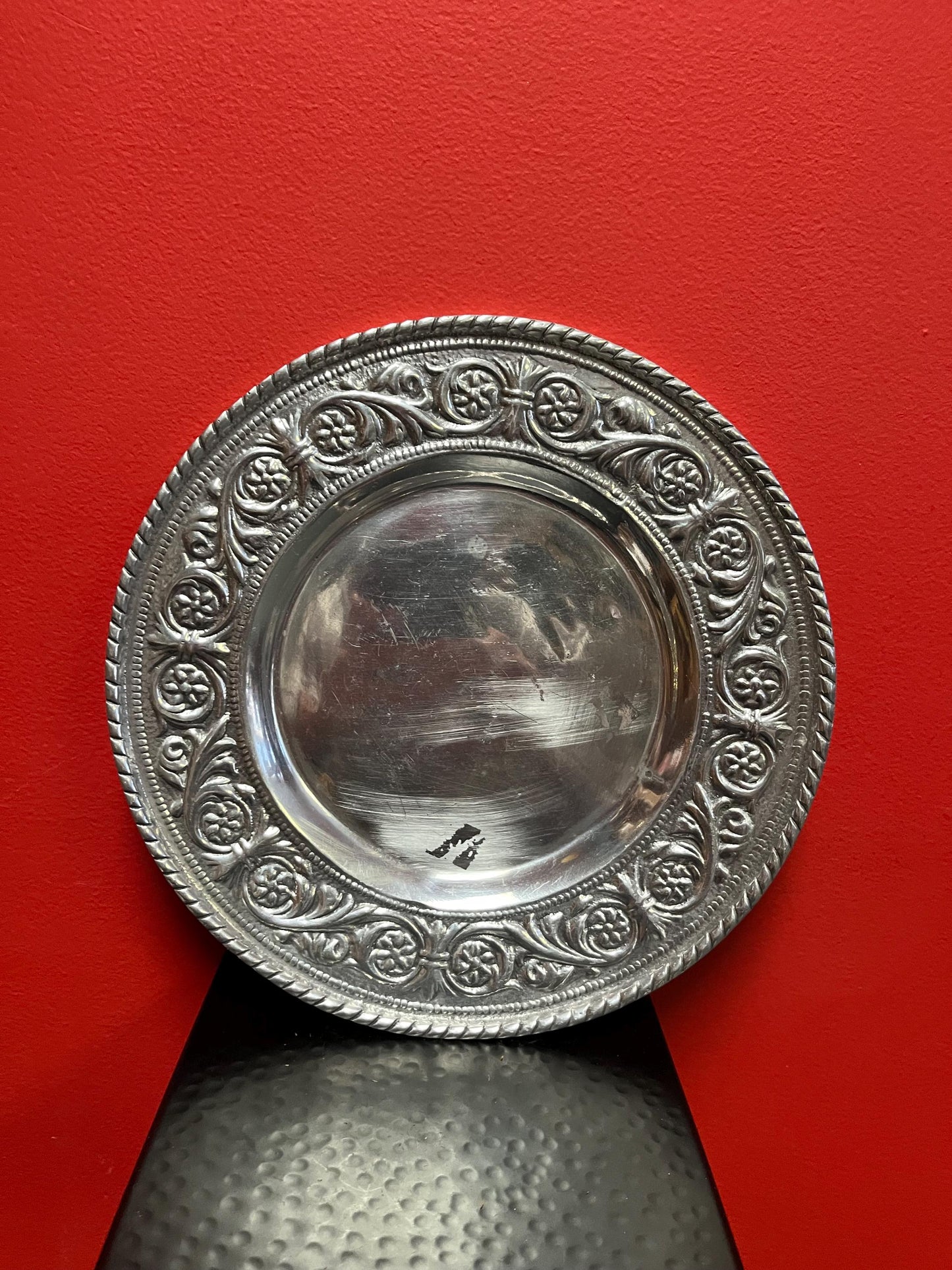 Very heavy beautiful 11 inch wide English silver plated charger  plate  great decoration - couple marks  good value