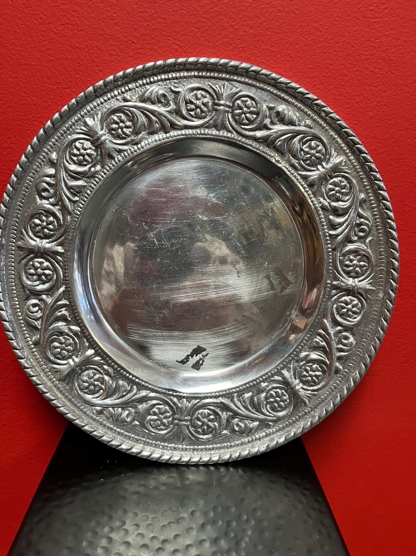 Very heavy beautiful 11 inch wide English silver plated charger  plate  great decoration - couple marks  good value