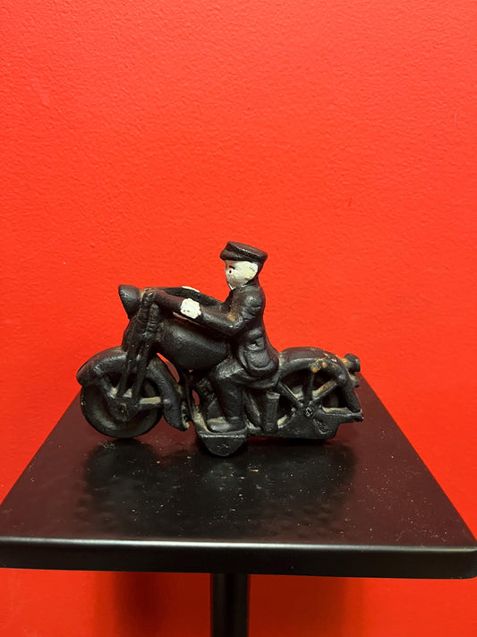 Beautiful antique cast-iron 6 x 4 high motorcycle with Rider  one screw replaced  great antique condition - perfect gift