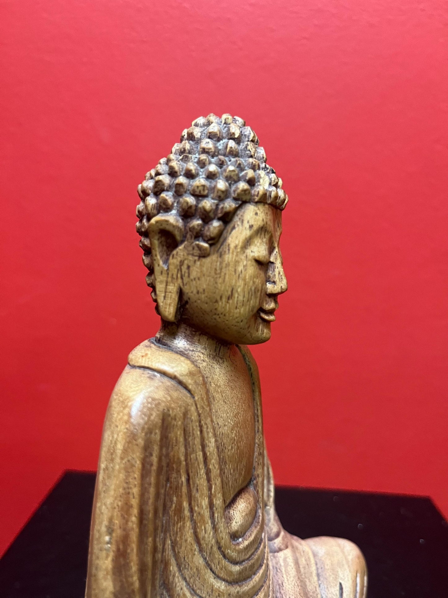 Lovely small Asian wooden carved Buddha with serene face  amazing detail  7 inches tall  wow