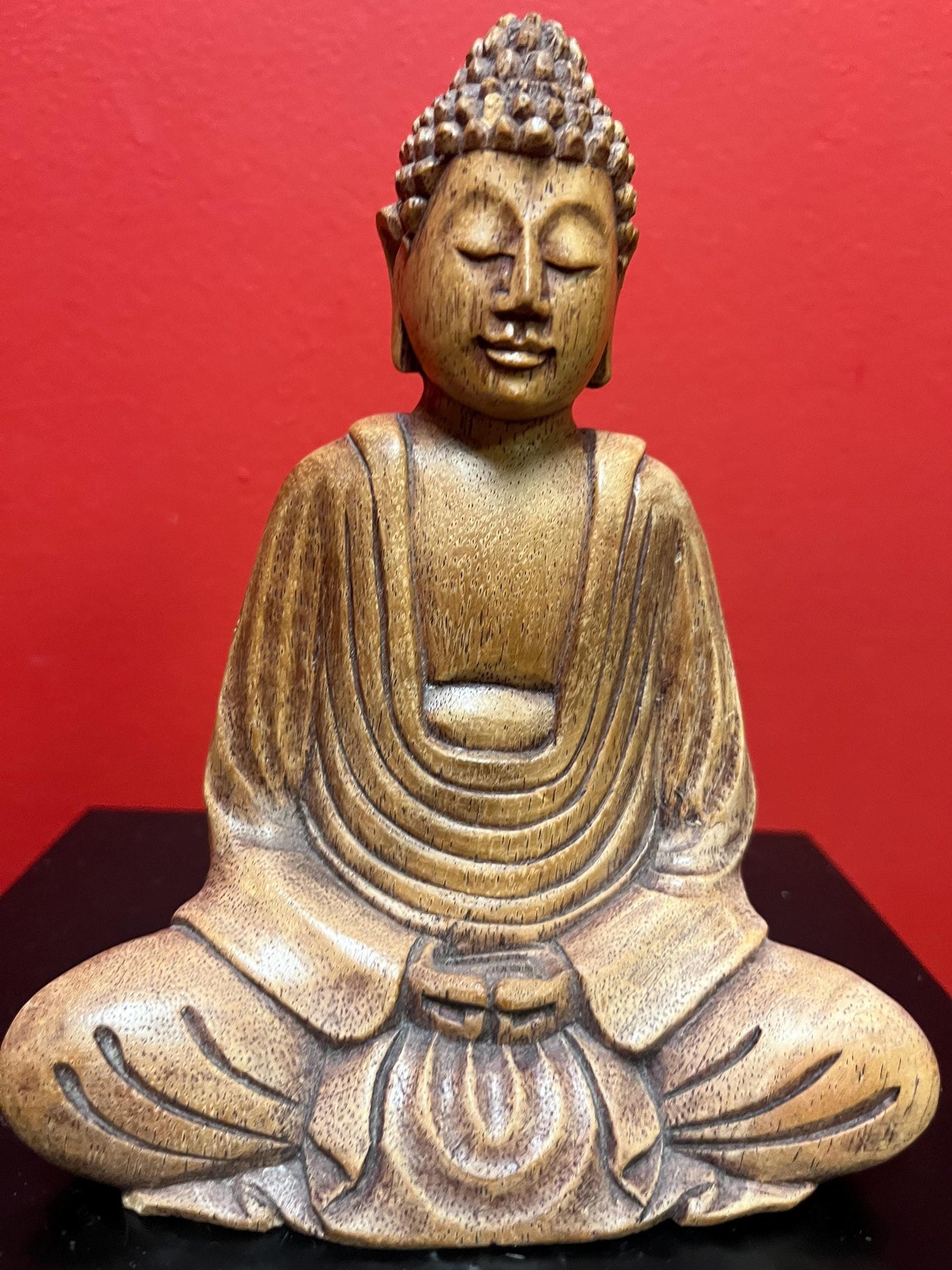 Lovely small Asian wooden carved Buddha with serene face  amazing detail  7 inches tall  wow