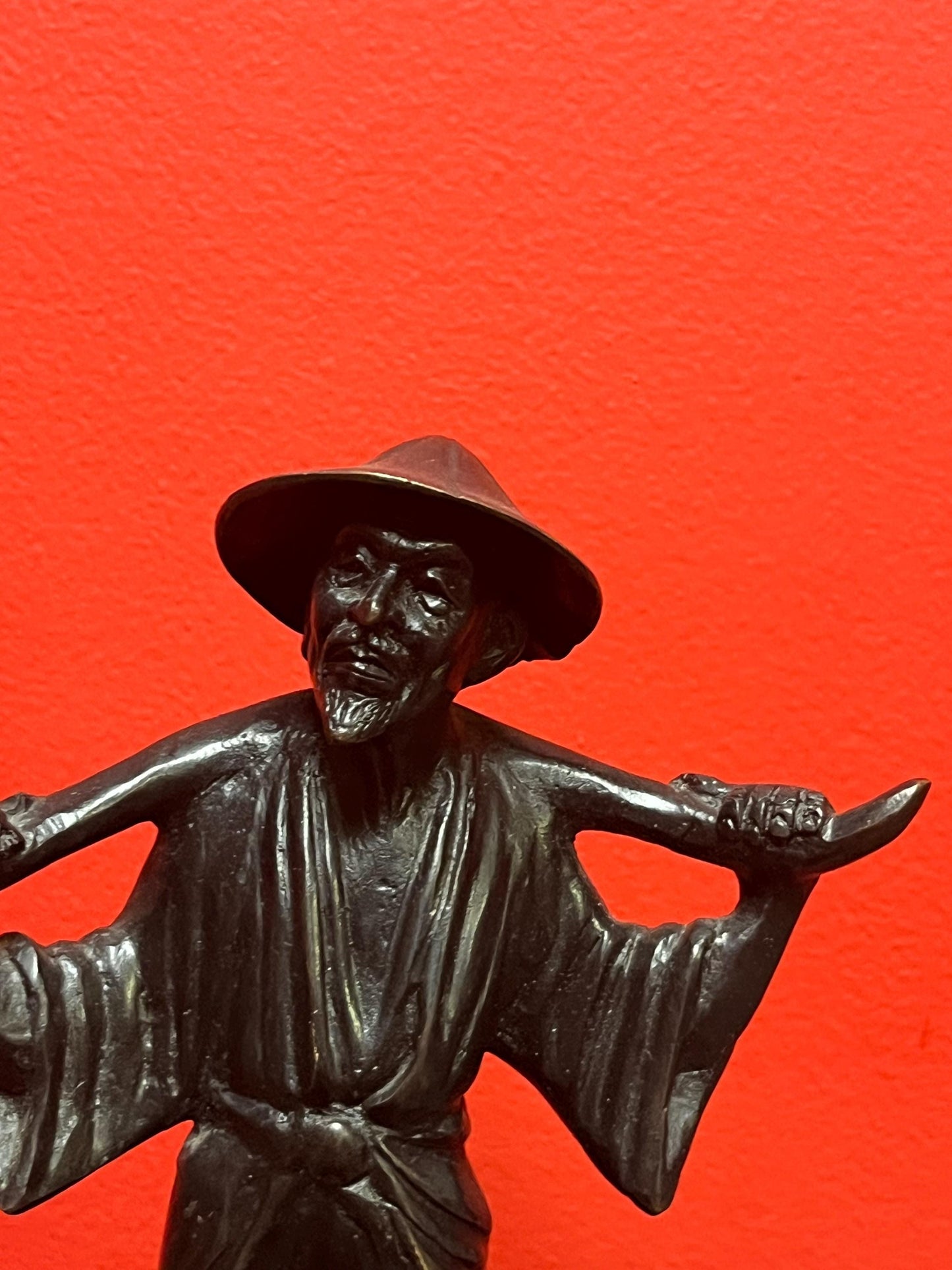 9.5 x 6 inch wide Chinese bronze statue of a man lovely patina and great quality good condition and great value heavy