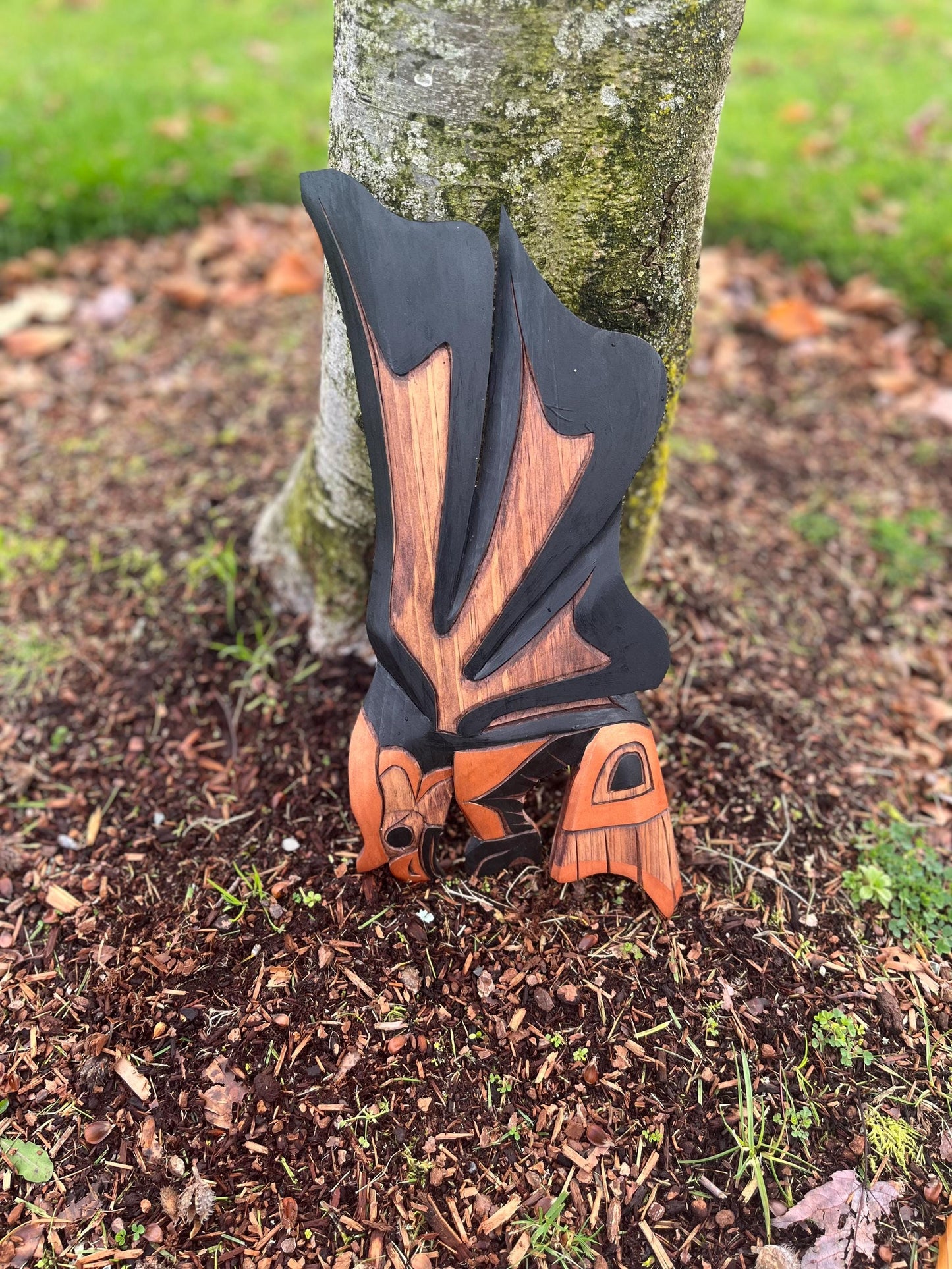 Lovely 14 x 6 indigenous first nations Pacific Northwest Coast Linda Jack carving of an eagle in Hunt   wonderful colours  and detail