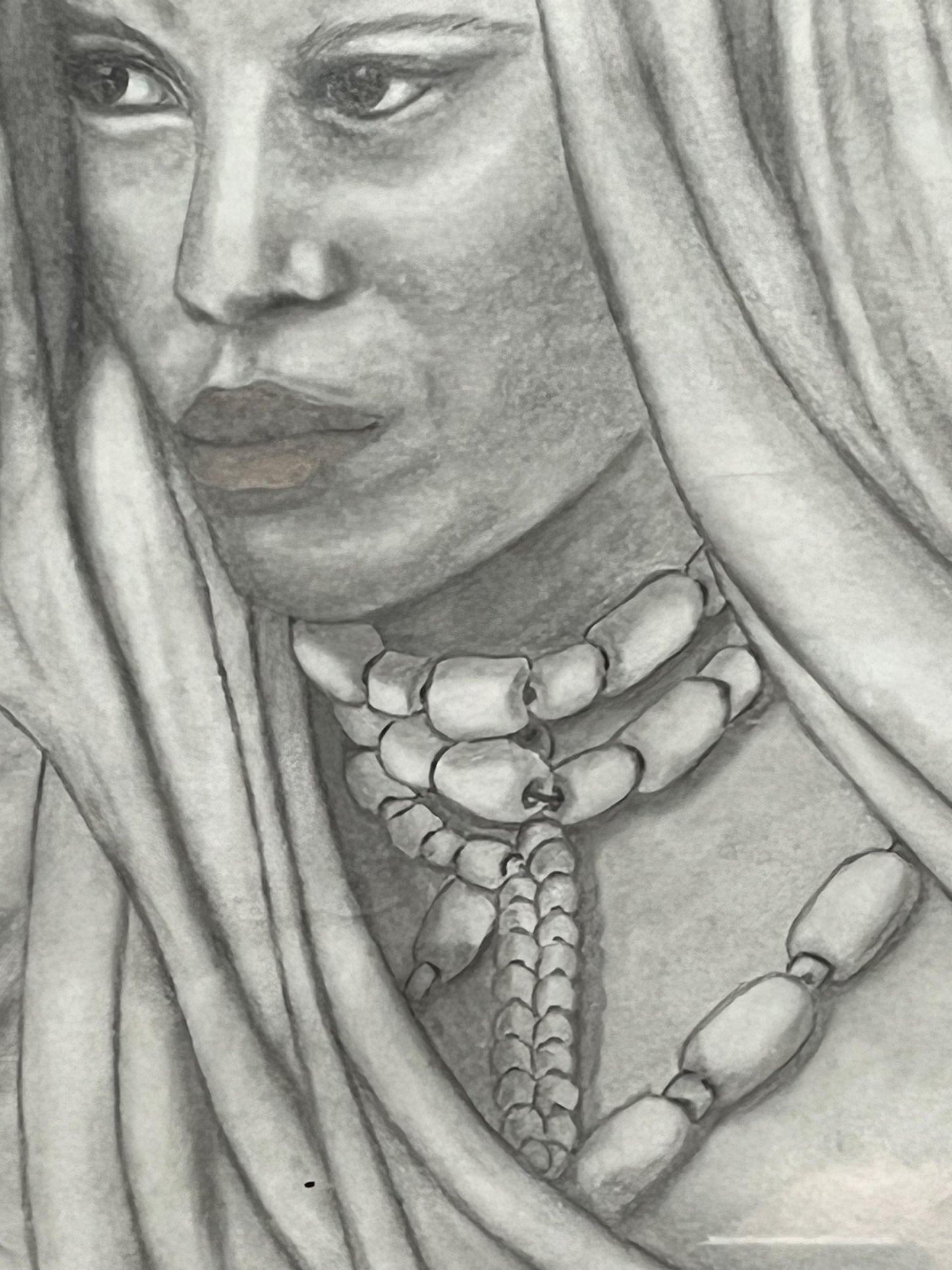Stunning 16 x 14 inch framed original pencil sketching of an indigenous woman wearing trade beads intense detail - signed! - the eyes!!