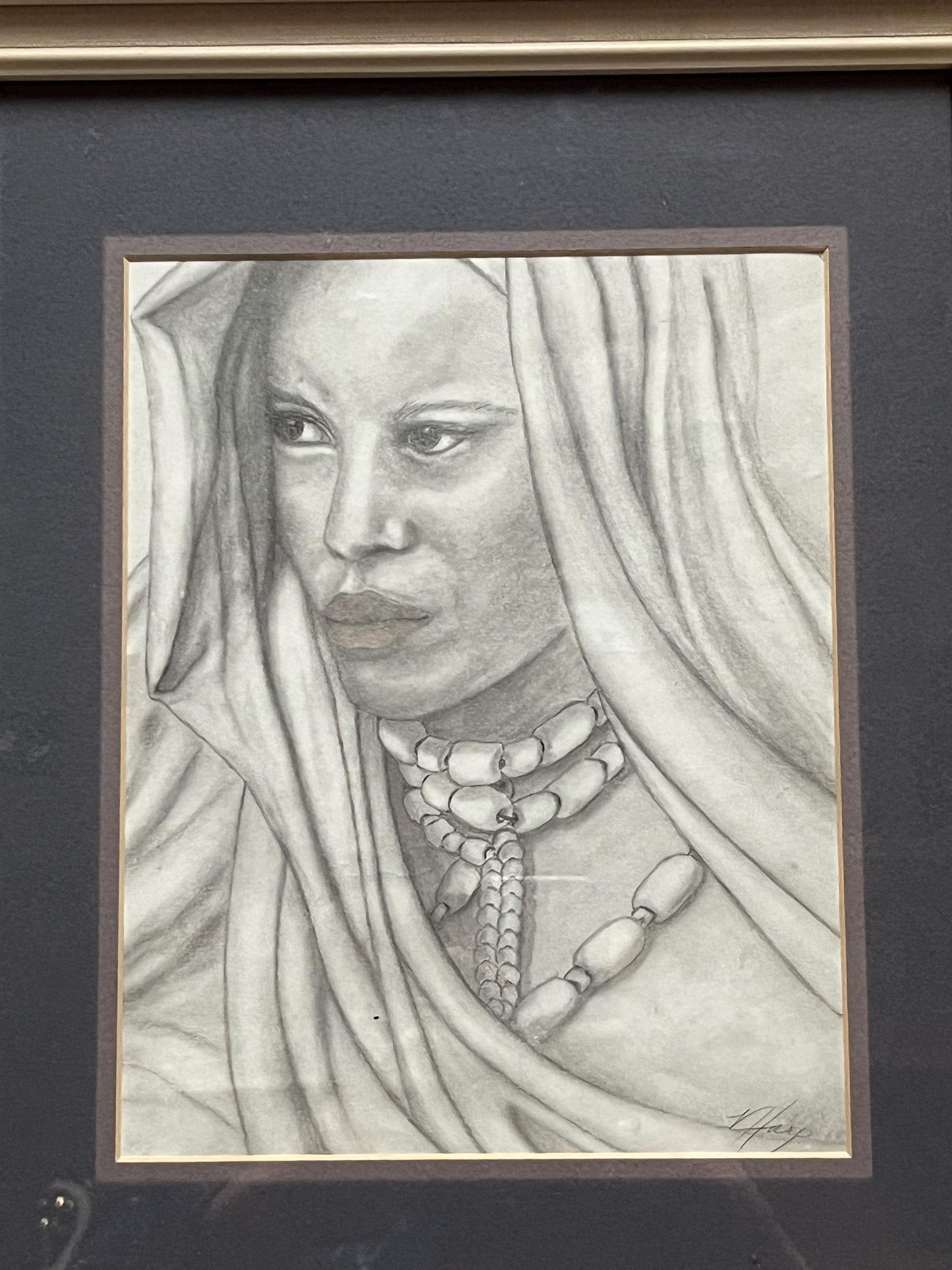 Stunning 16 x 14 inch framed original pencil sketching of an indigenous woman wearing trade beads intense detail - signed! - the eyes!!