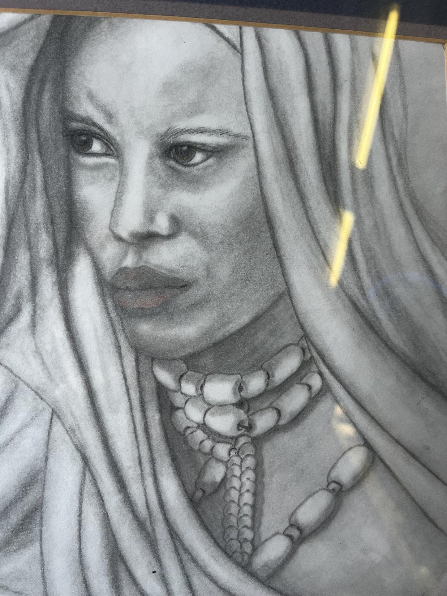 Stunning 16 x 14 inch framed original pencil sketching of an indigenous woman wearing trade beads intense detail - signed! - the eyes!!