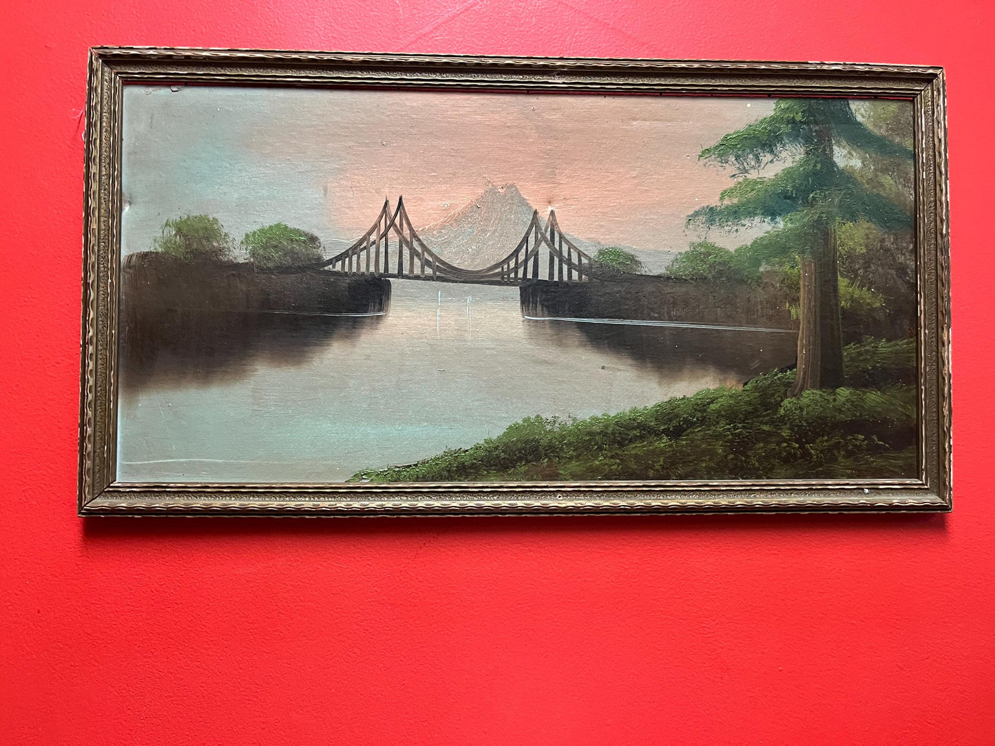 Beautiful antique 26 x 14“ framed original painting on board  lovely detail and great condition for age  harbour mountain scene -