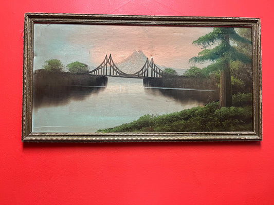 Beautiful antique 26 x 14“ framed original painting on board — lovely detail and great condition for age — harbour mountain scene -