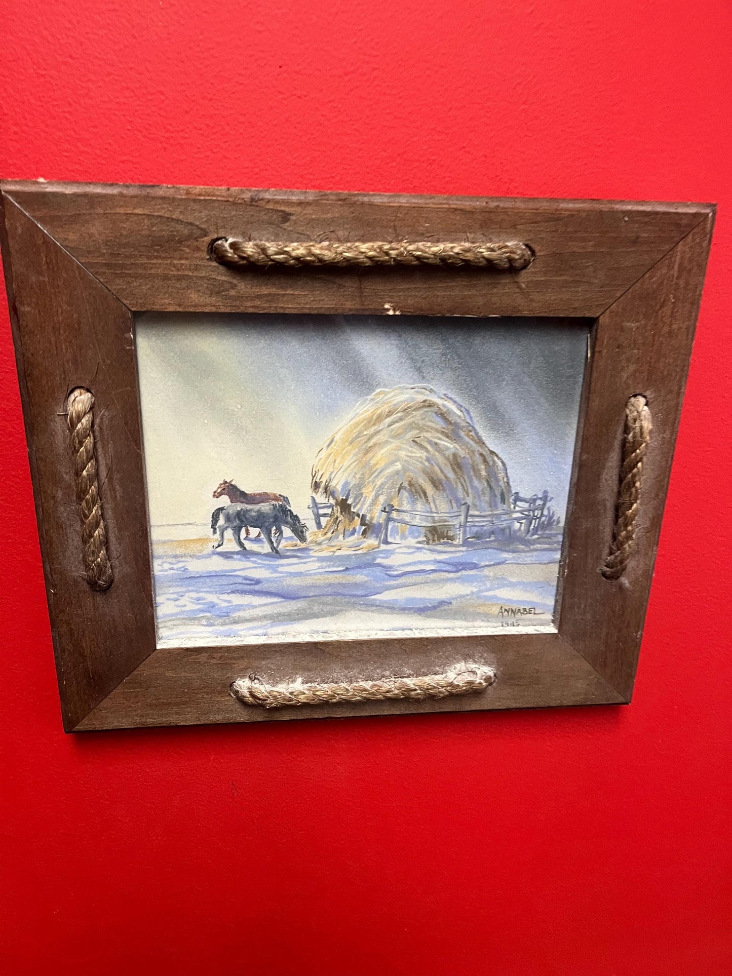 14 x 12 inch wooden framed pastel on paper horses scene lovely imagery - special price