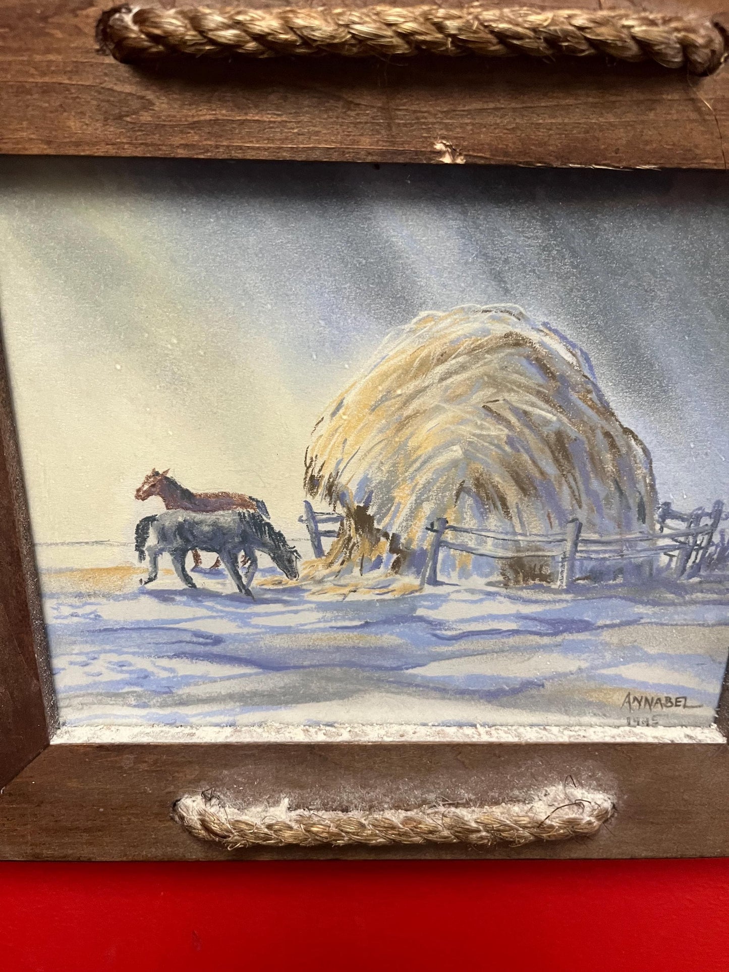 14 x 12 inch wooden framed pastel on paper horses scene lovely imagery - special price
