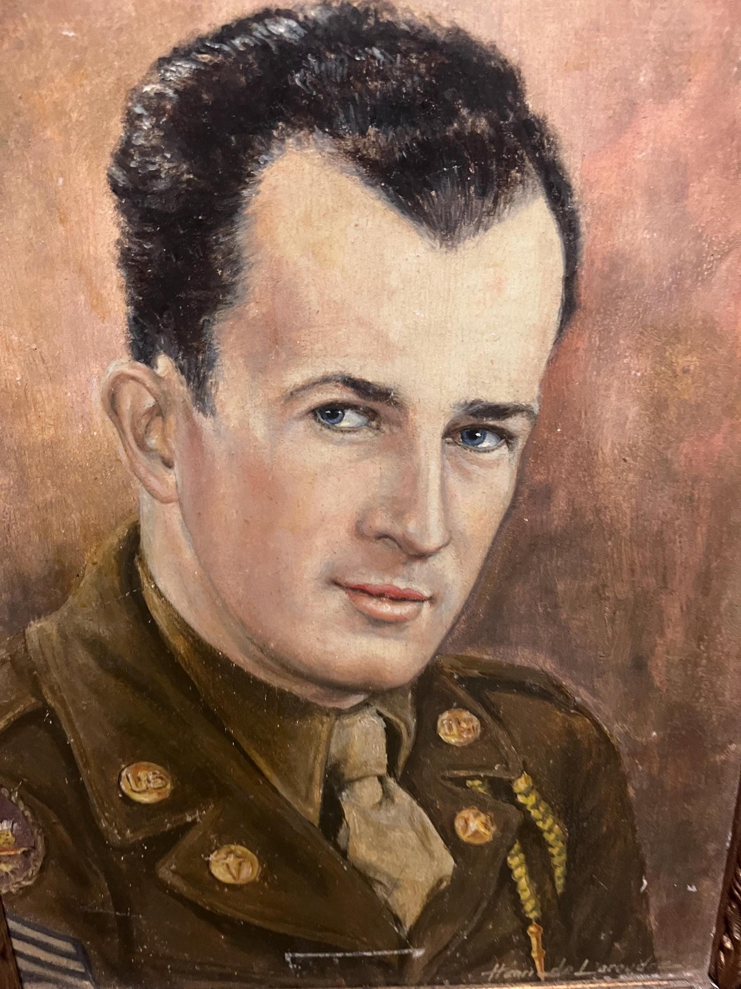 Stunning 17 x 15 framed, signed French oil painting of a US soldier some minor minor damage- wonderful historical piece