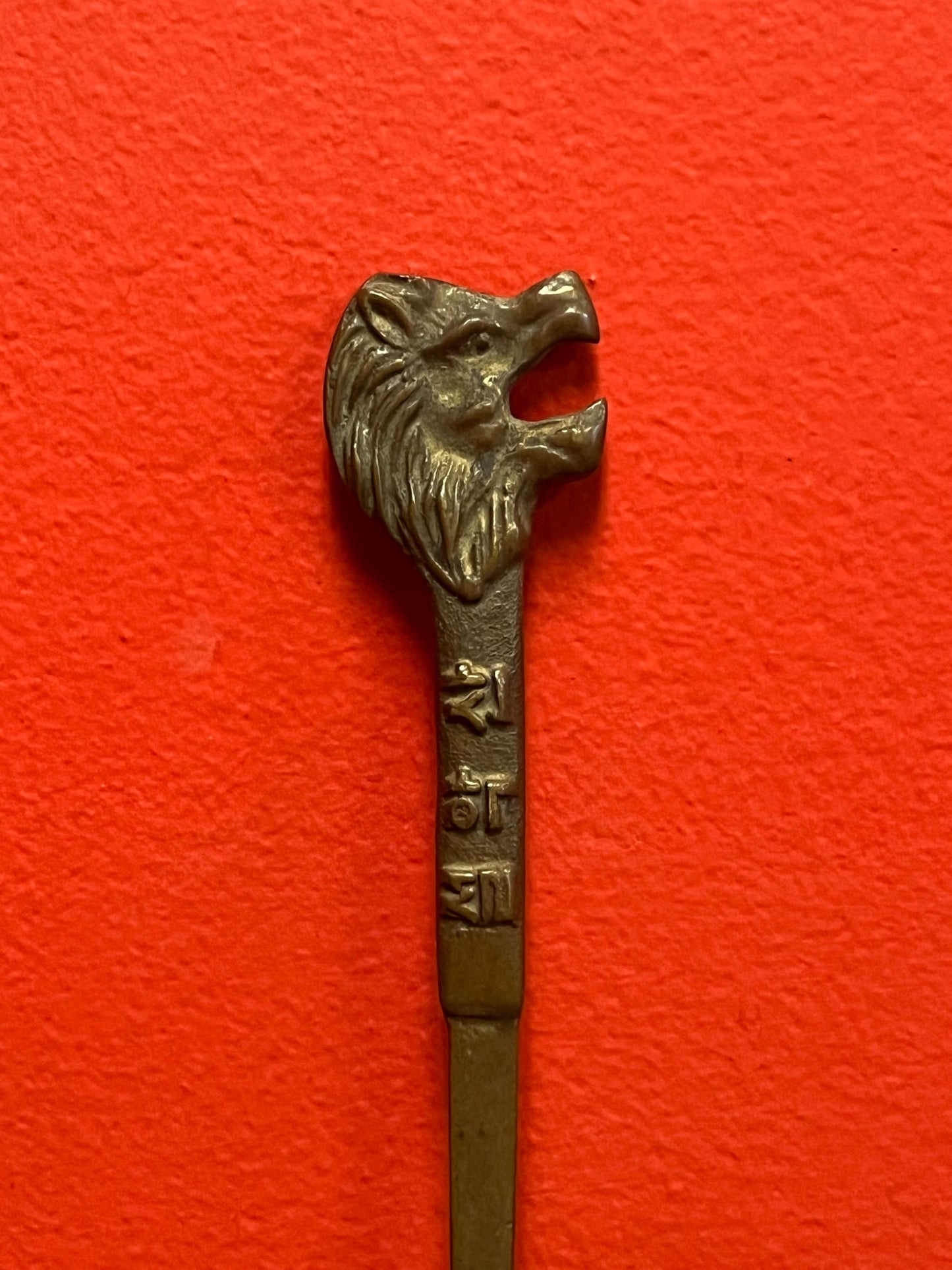 Very rare small antique Korean bronze 7 inch tall tool with Lion head super cool piece and lovely patina and weight