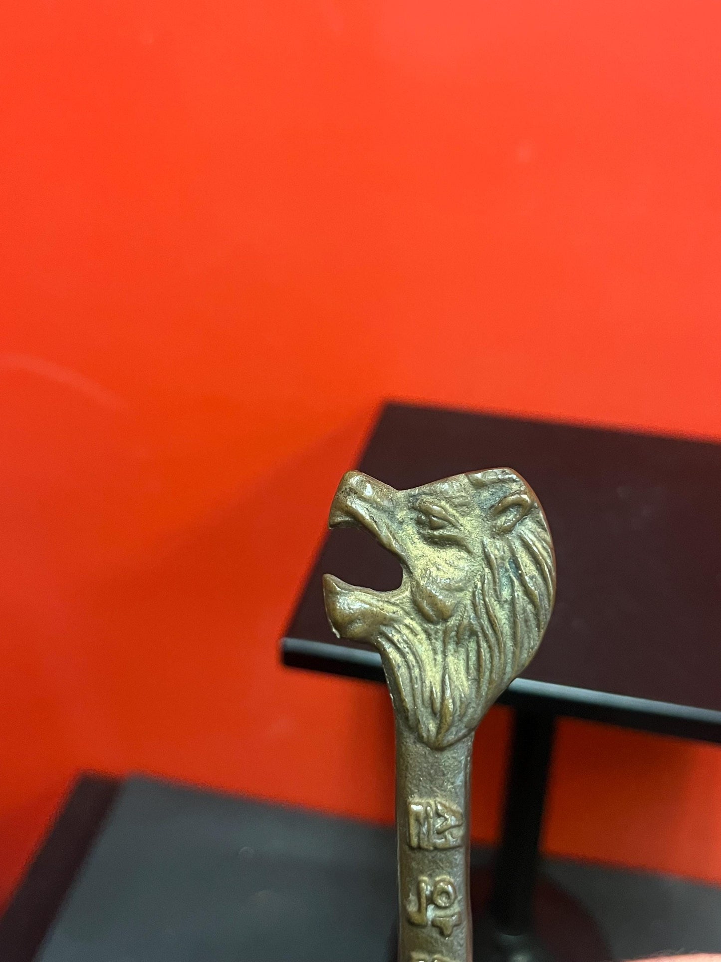 Very rare small antique Korean bronze 7 inch tall tool with Lion head super cool piece and lovely patina and weight
