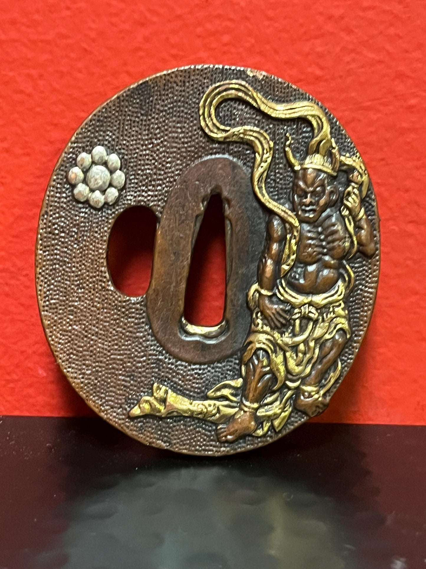 Lovely Japanese bronze signed antique samurai tsuba with good imagery from large collection 3 inches wide