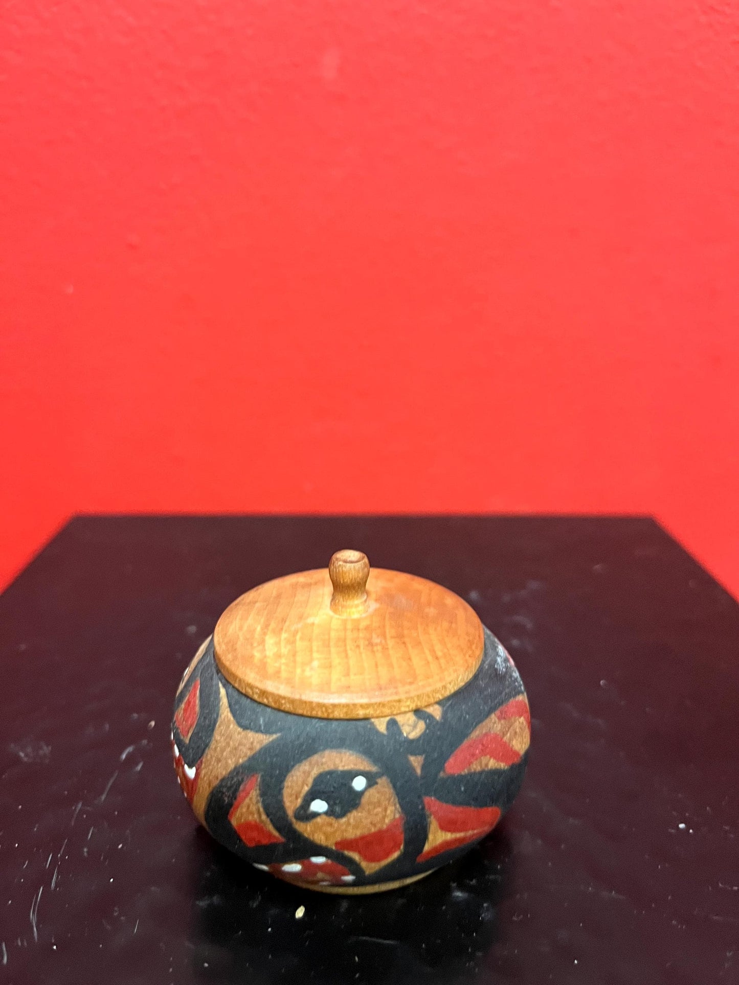 Indigenous first nations Pacific northwest Coast painted Cedar box signed wonderful gift - 2 inches tall