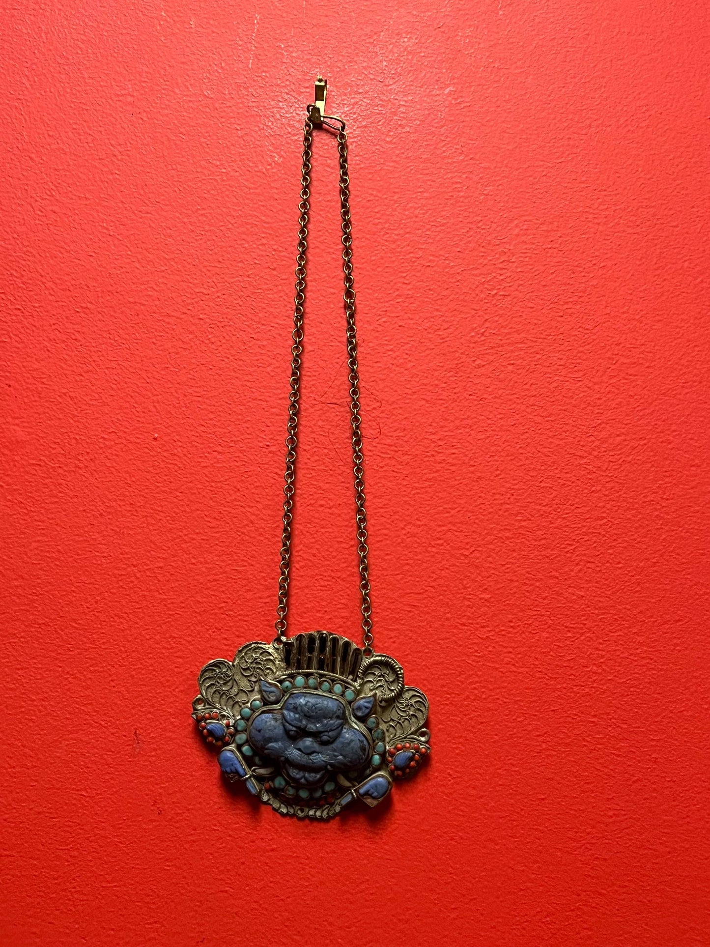 Huge antique Tibetan silver lazuli lapis and coral and turquoise pendant with necklace finest quality - pendant 5 x 4 great condition