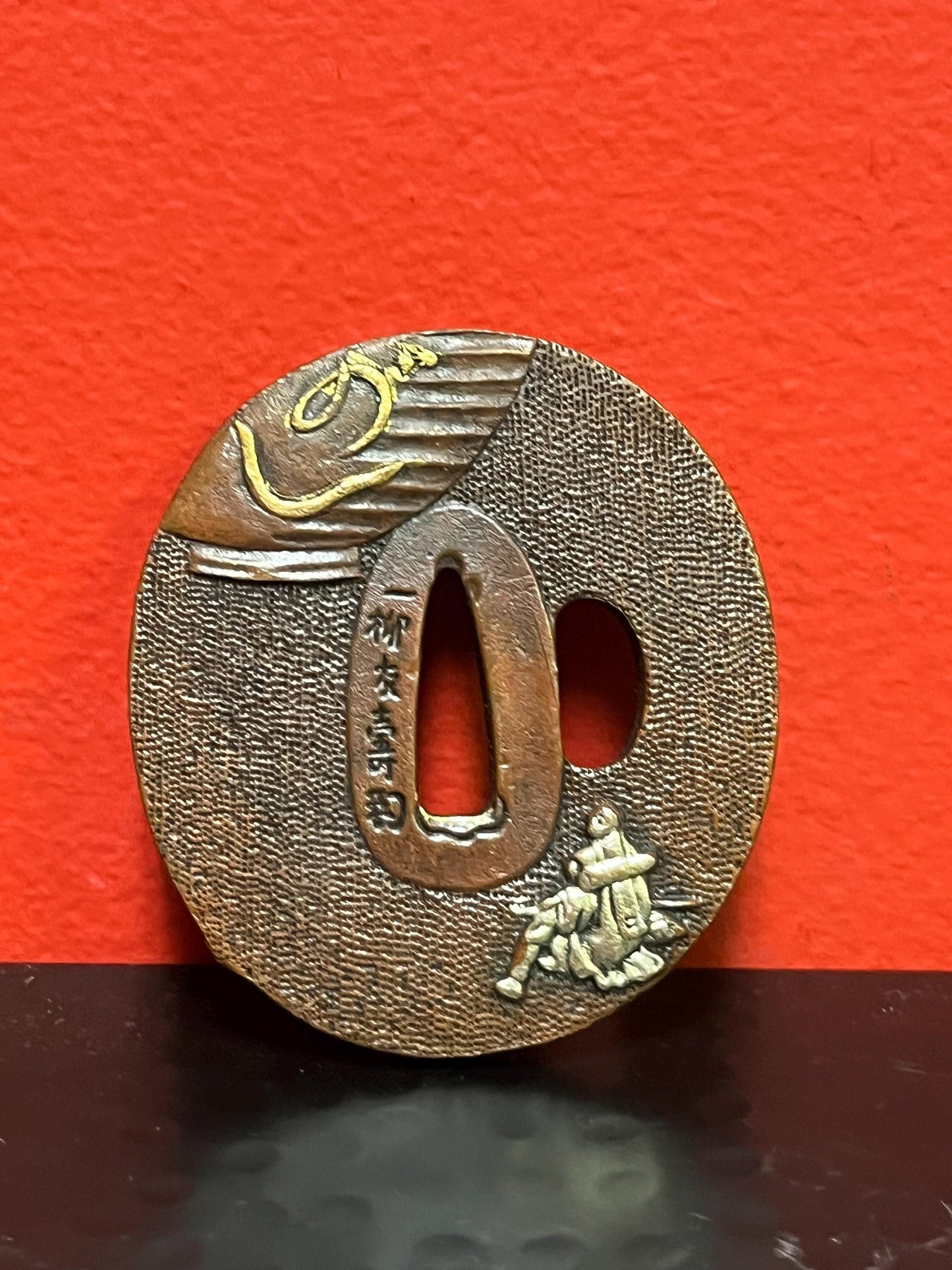 Lovely Japanese bronze signed antique samurai tsuba with good imagery from large collection 3 inches wide