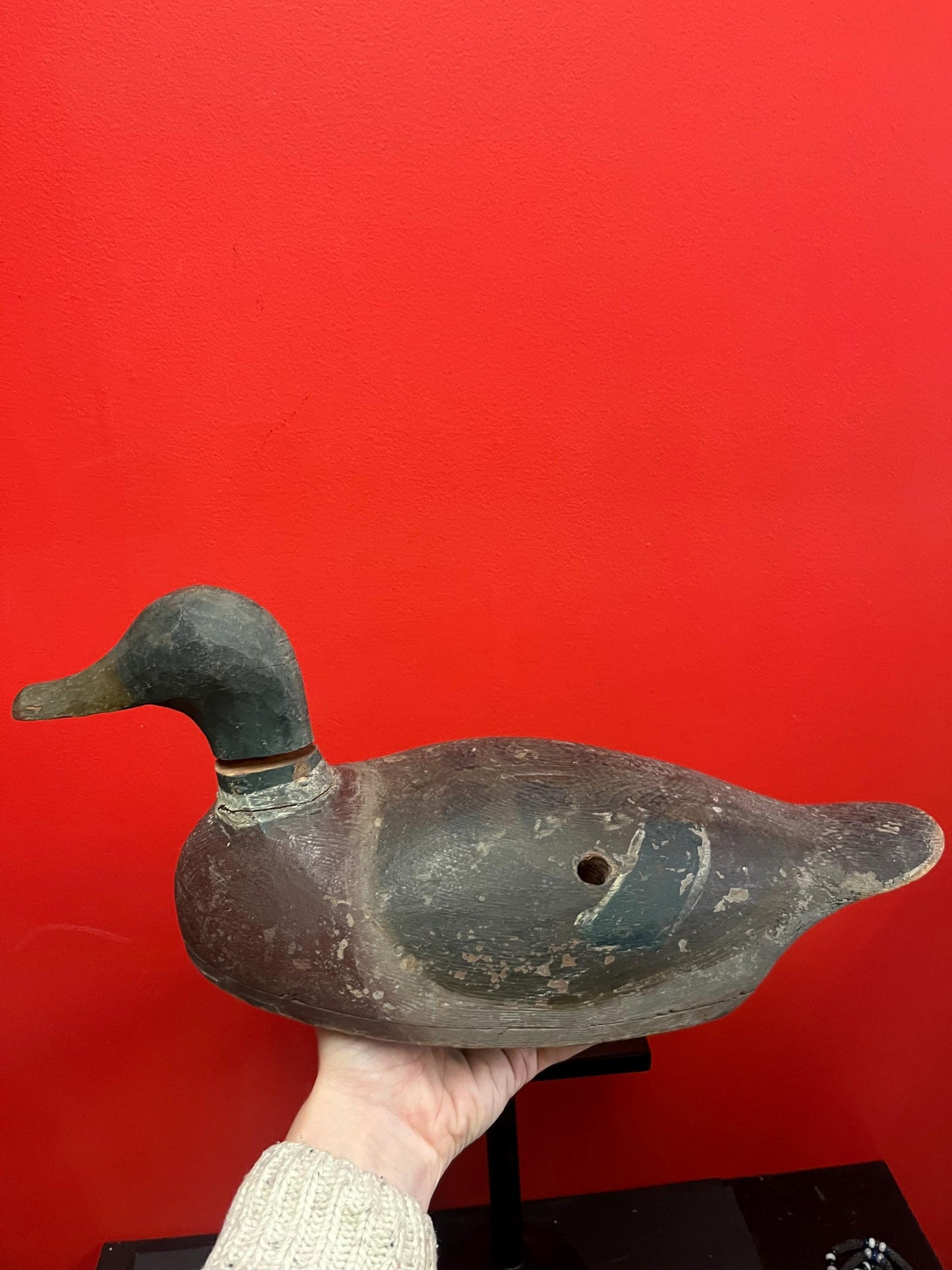 Super old Lovely antique Canadian 18 inch long wooden painted duck decoy damage to neck wonderful patina one of the best