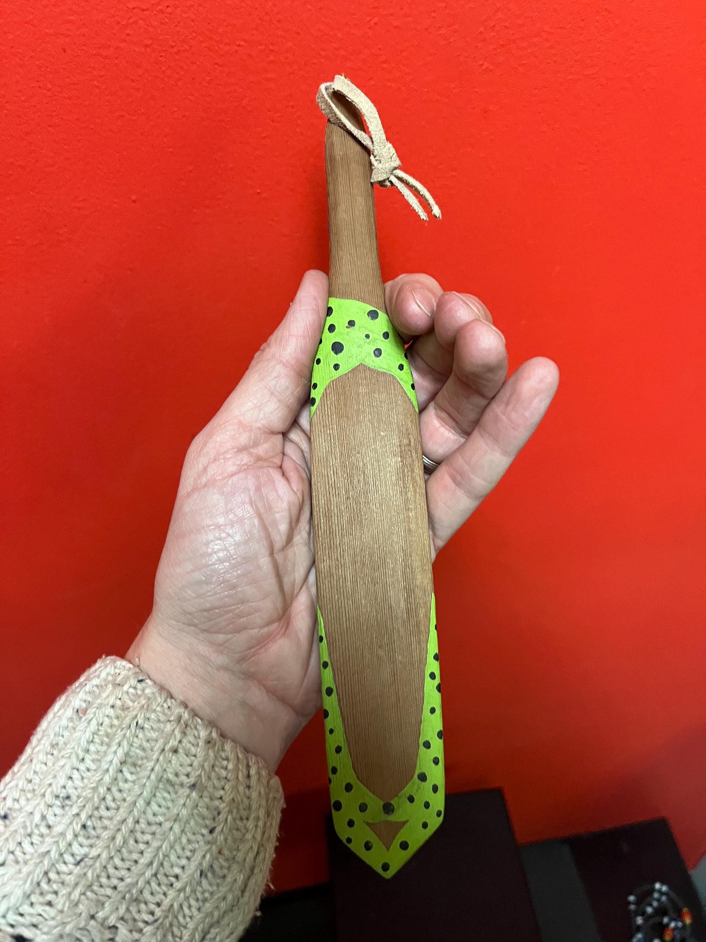 Beautiful 11 inch long indigenous first nations decorated paddle  plaque  older and good value -wonderful salmon imagery
