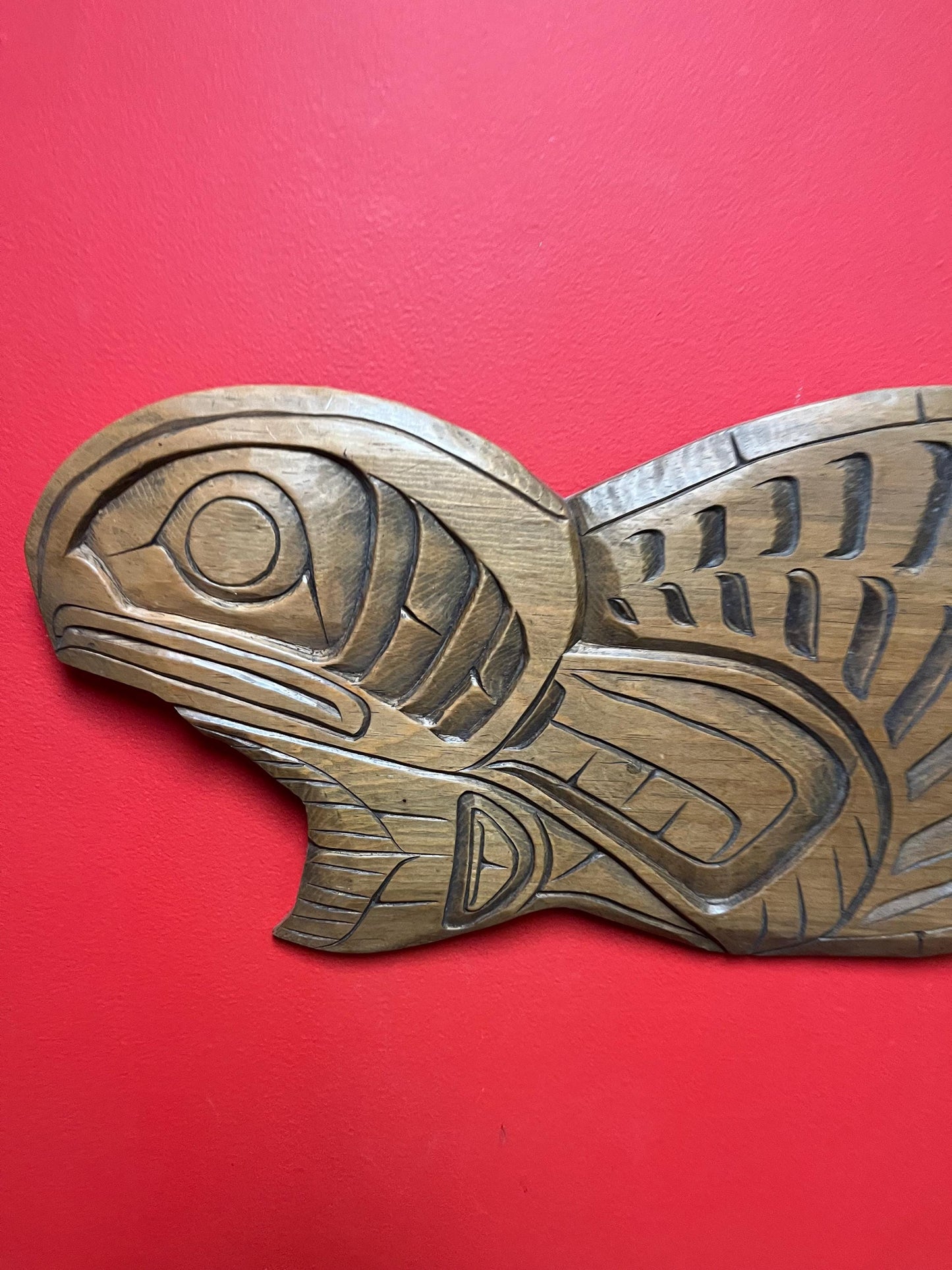 Lovely indigenous first nation pacific north West Coast Albert Bruce 23 x 12 salmon plaque in cedar  great detail  ready to hang