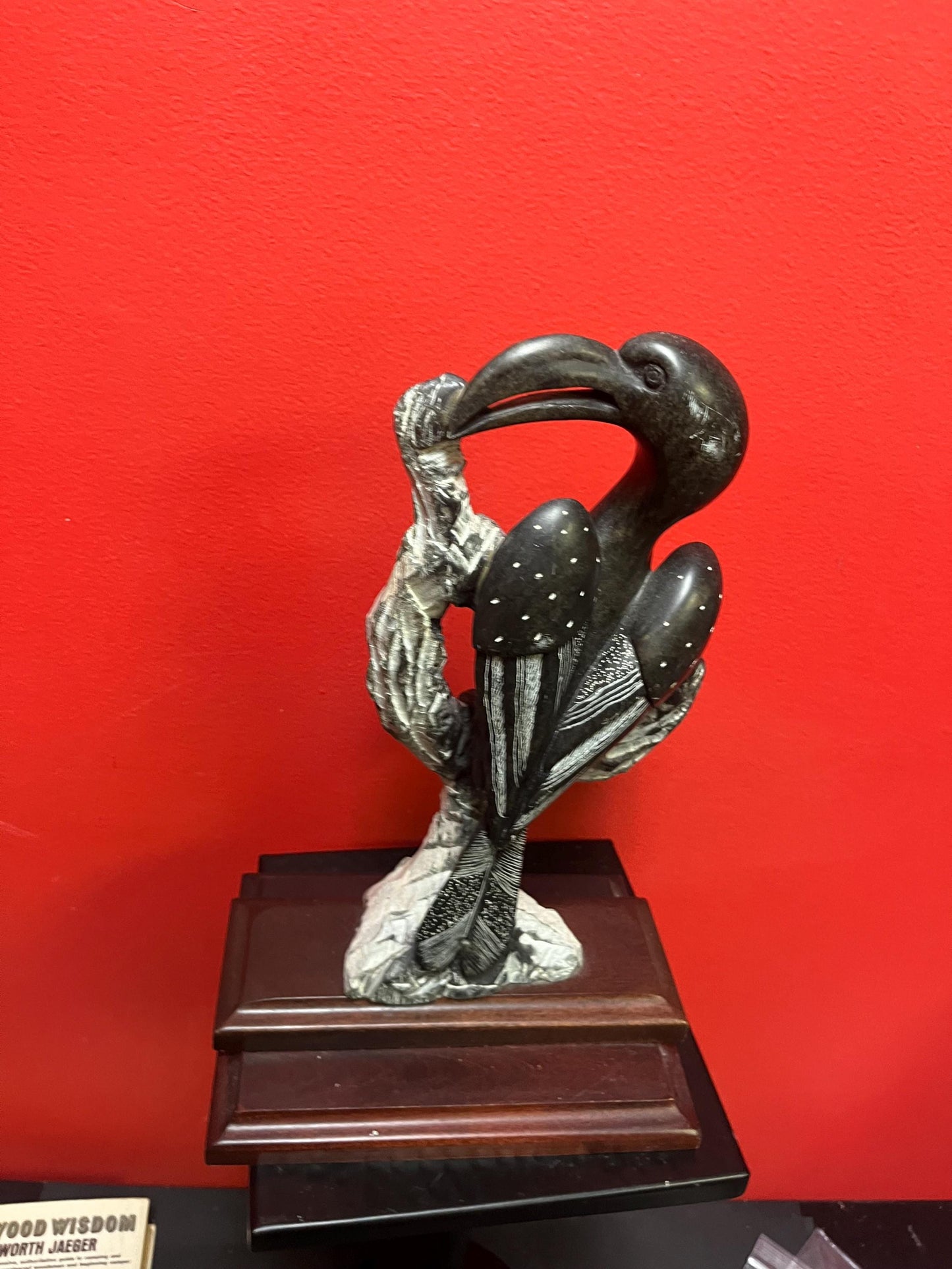 Stunning African Zimbabwe stone serpentine sculpture of birds hornbills on stand 12 x 8 inch - heavy and cool