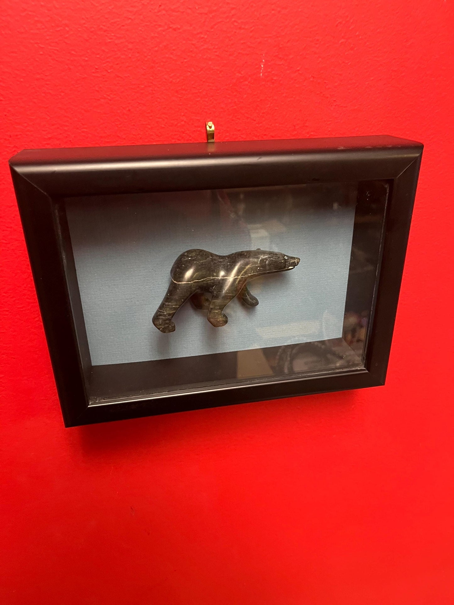 Lovely indigenous Inuit 4 inch long soapstone bear in 10 x 8 shadowbox - Canadian indigenous Inuit soapstone  ready to hang