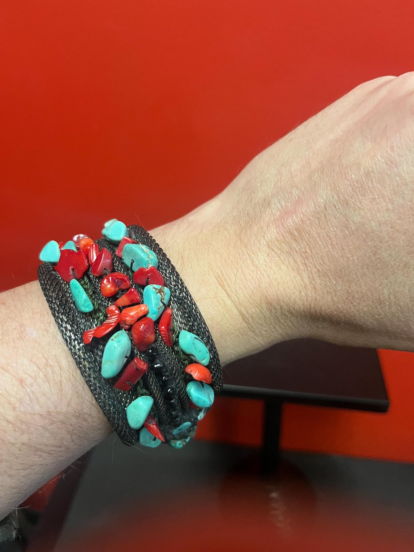 Stunning antique Navajo bracelet 3 x 2 high turquoise coral and untested silver unique design and wonderful to wear or gift great value