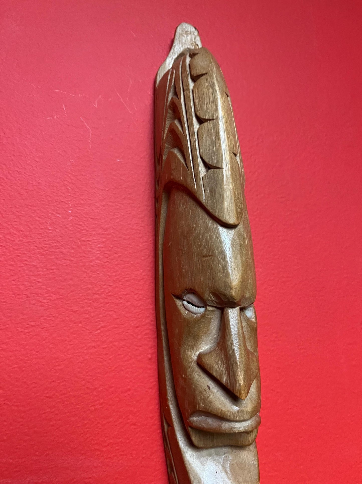 Cool vintage oceanic wood mask with shell eyes  14 inches long and great price
