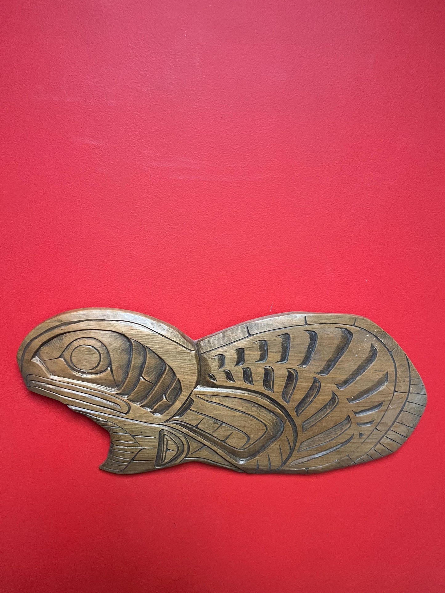 Lovely indigenous first nation pacific north West Coast Albert Bruce 23 x 12 salmon plaque in cedar  great detail  ready to hang