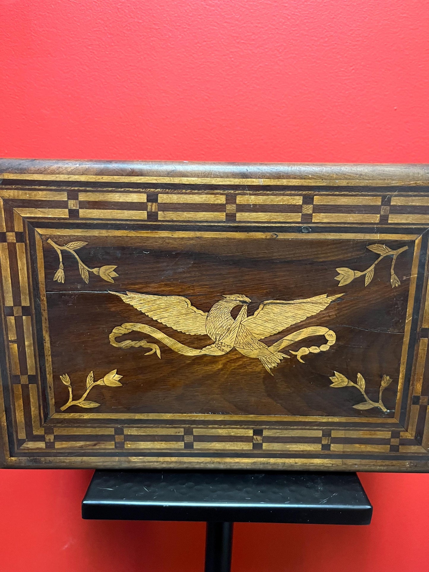 Beautiful 13 x 9 x 5 high English antique inlaid box wonderful imagery and good condition with light crack on top value priced