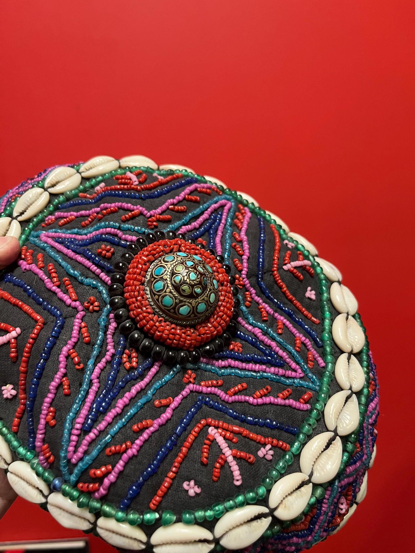 Stunning 9 x 7 x 3 inch Nepalese fabric beaded and shell and turquoise hat unreal cool fit small to medium head