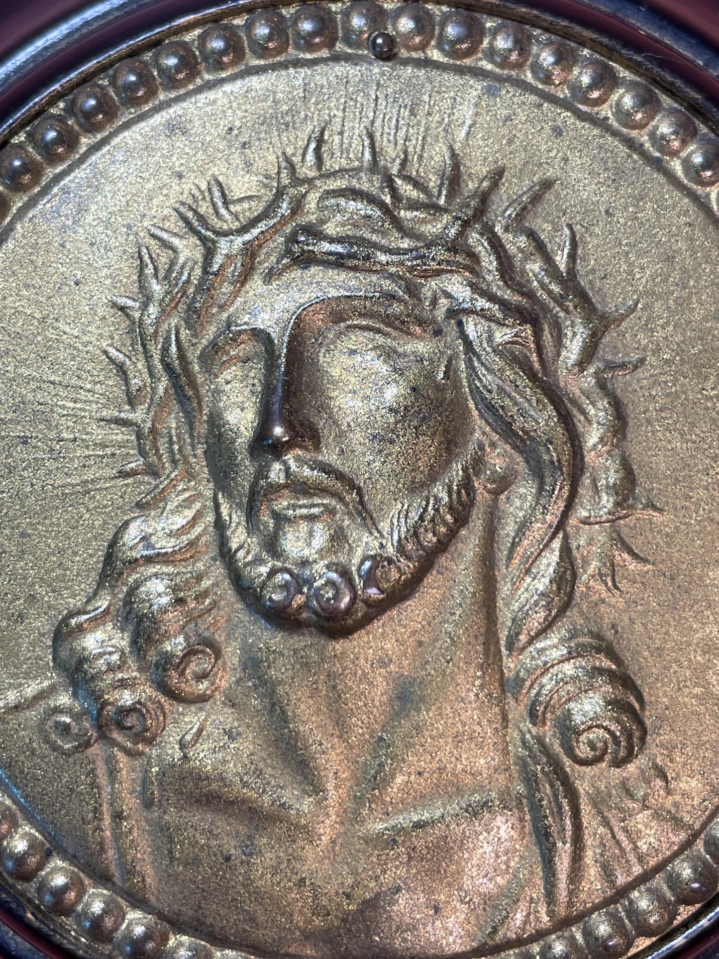 Antique Brass and Wood Religious Plaque Jesus Face