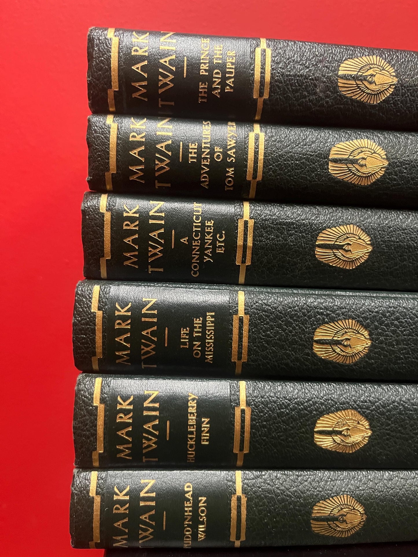 1921 antique set of leather bound Mark Twain books exceptional condition 6 titles wow perfect gift