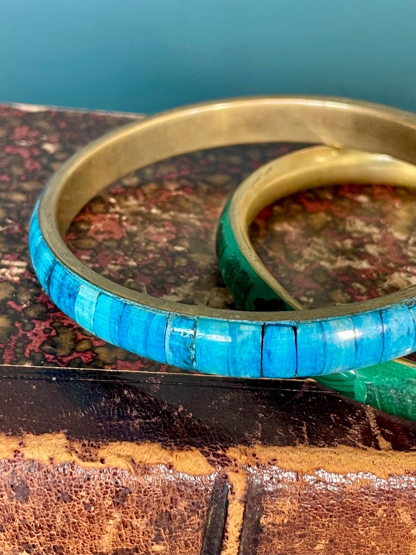 Set of Two 3 inch  Brass and Enamel Bracelets  Vibrant Green and Blue