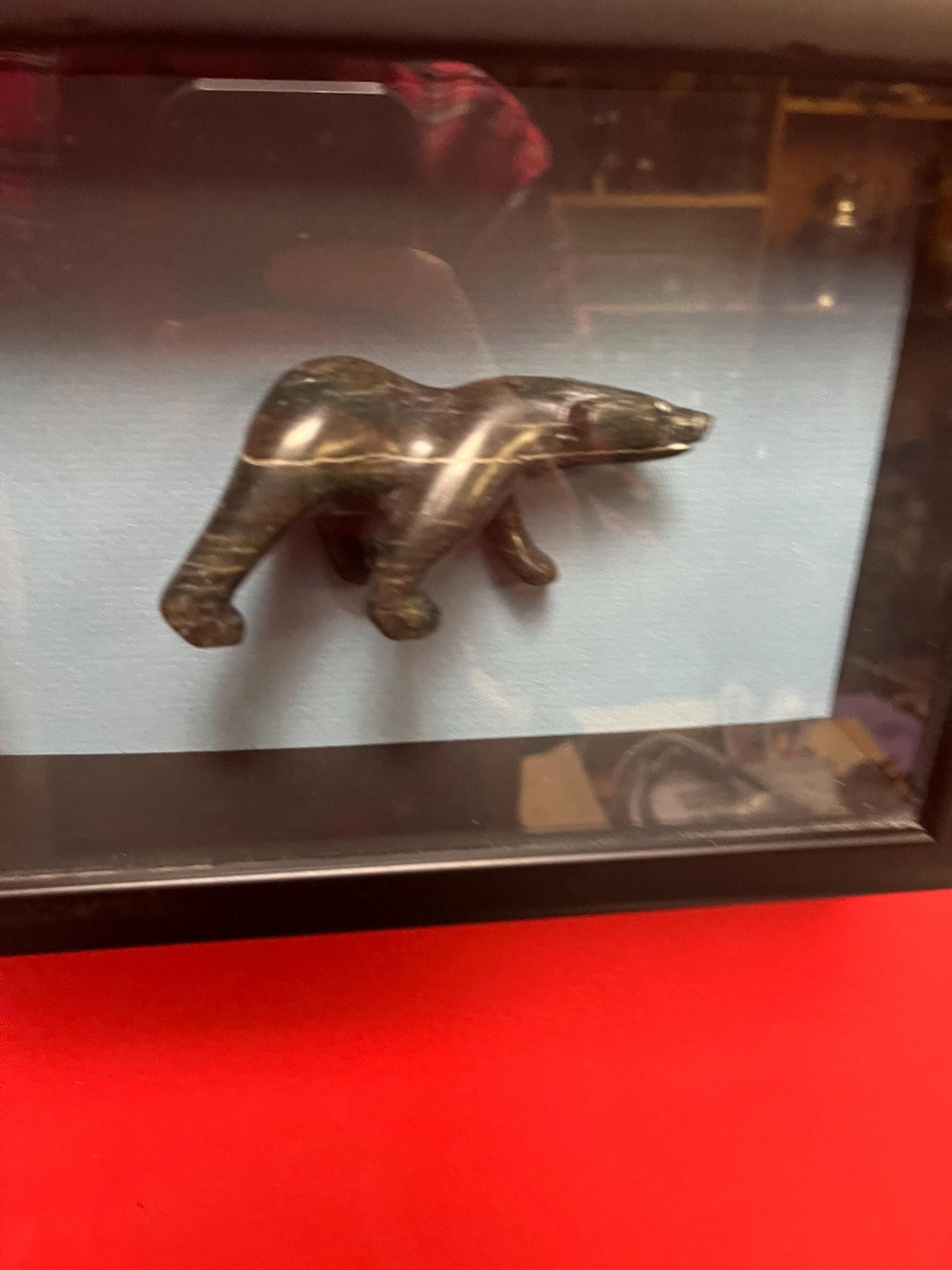 Lovely indigenous Inuit 4 inch long soapstone bear in 10 x 8 shadowbox - Canadian indigenous Inuit soapstone  ready to hang