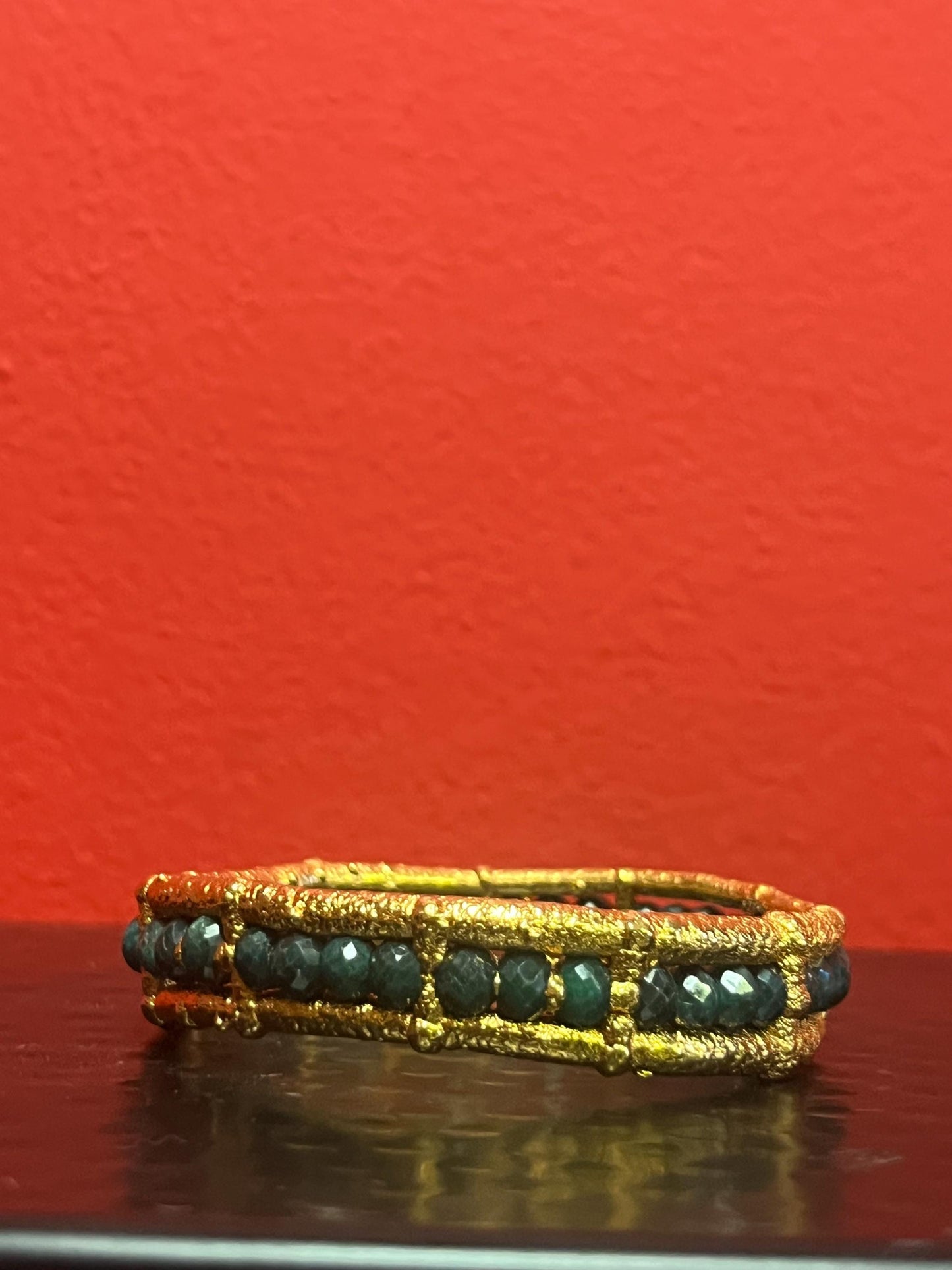 Magical Canadian made 3 inch wide gold plated and emerald bracelet by award-winning artist Charles Lewton - Brain cage series piece