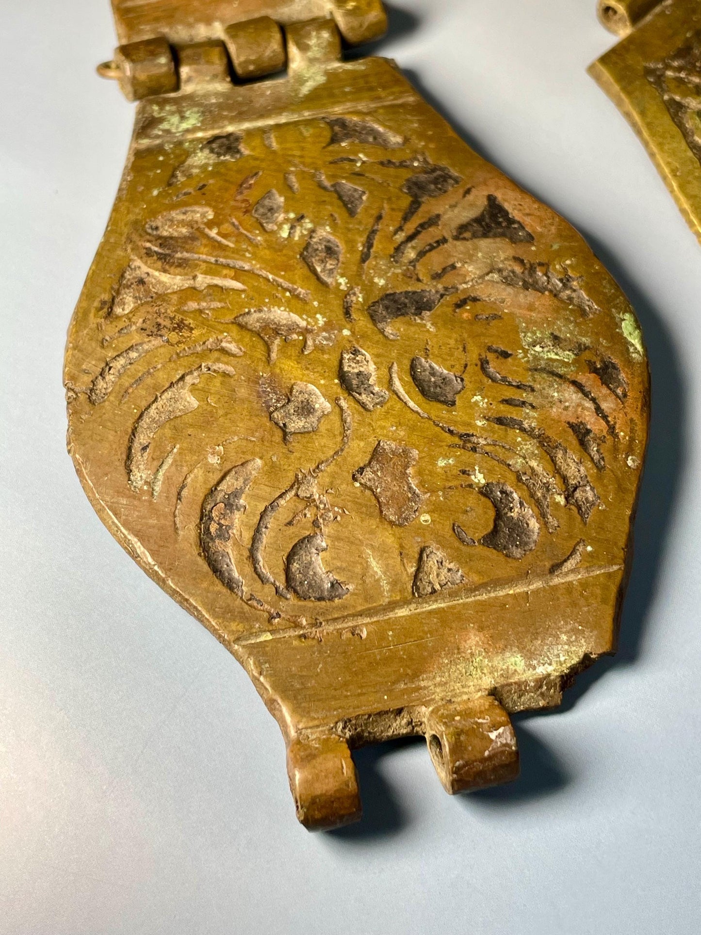 Lot of 2 Ancient Bronze Artifacts (4.24-8 inches) with Etched Design One Hinged