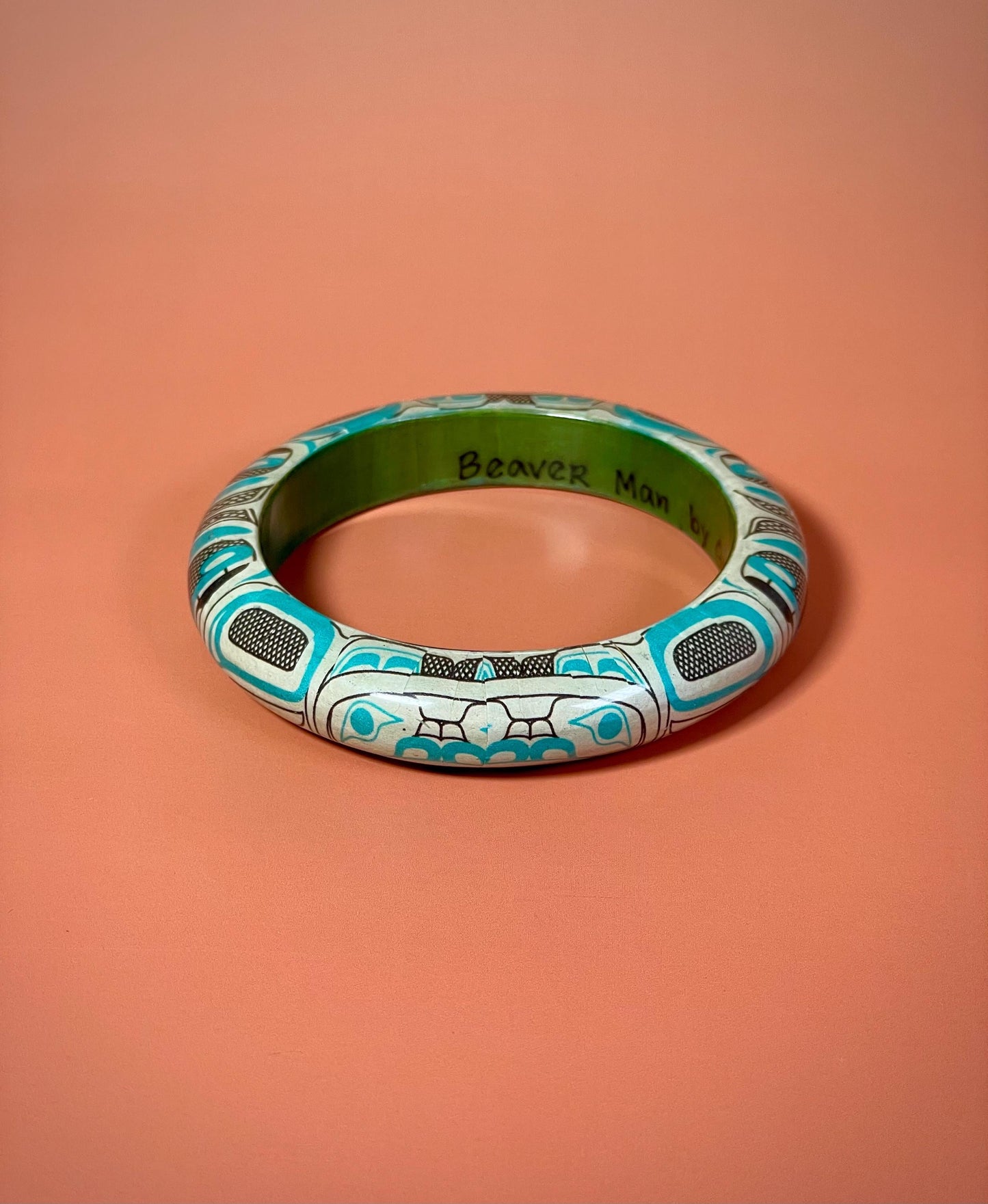 Haida Beaver Man Design Wood Bangle by Gordon White  3.5 Signed Collectible