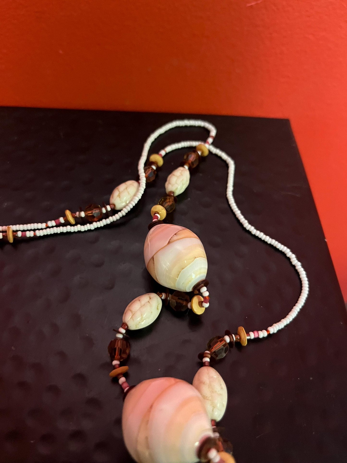 Very cool bead and glass necklace approximately 35 inches long no clasp