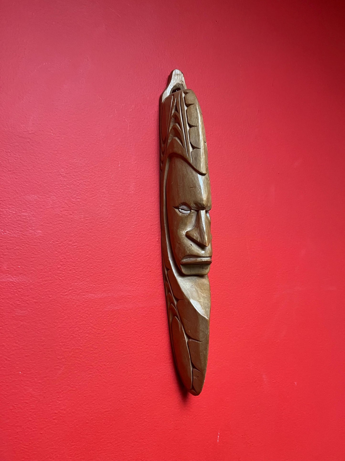Cool vintage oceanic wood mask with shell eyes  14 inches long and great price