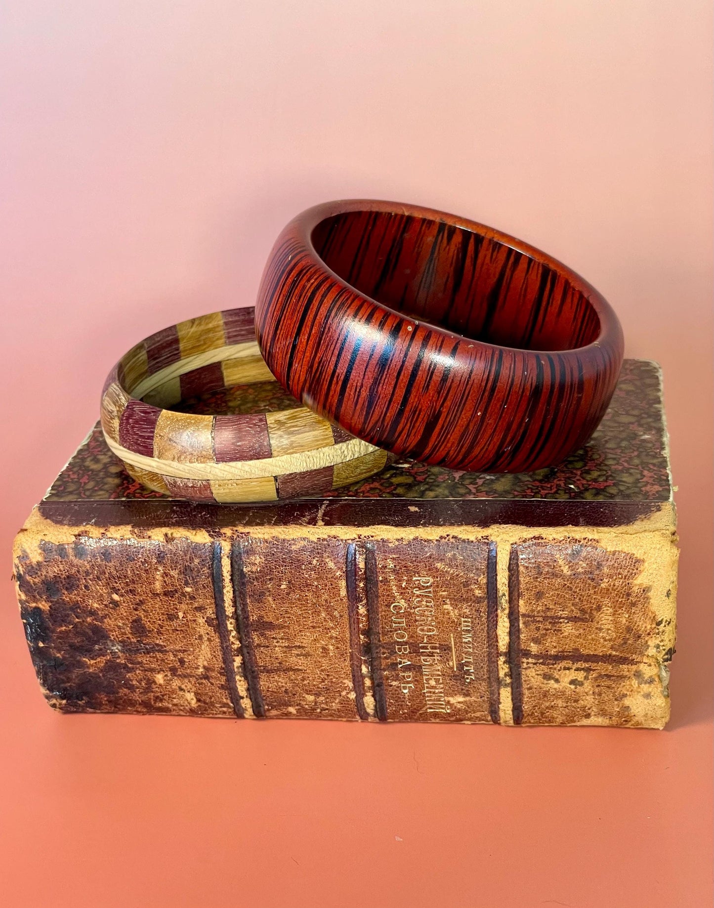 Lot of 2 Wooden Bracelets 3-Inch Diameter, Striped and Patchwork Designs