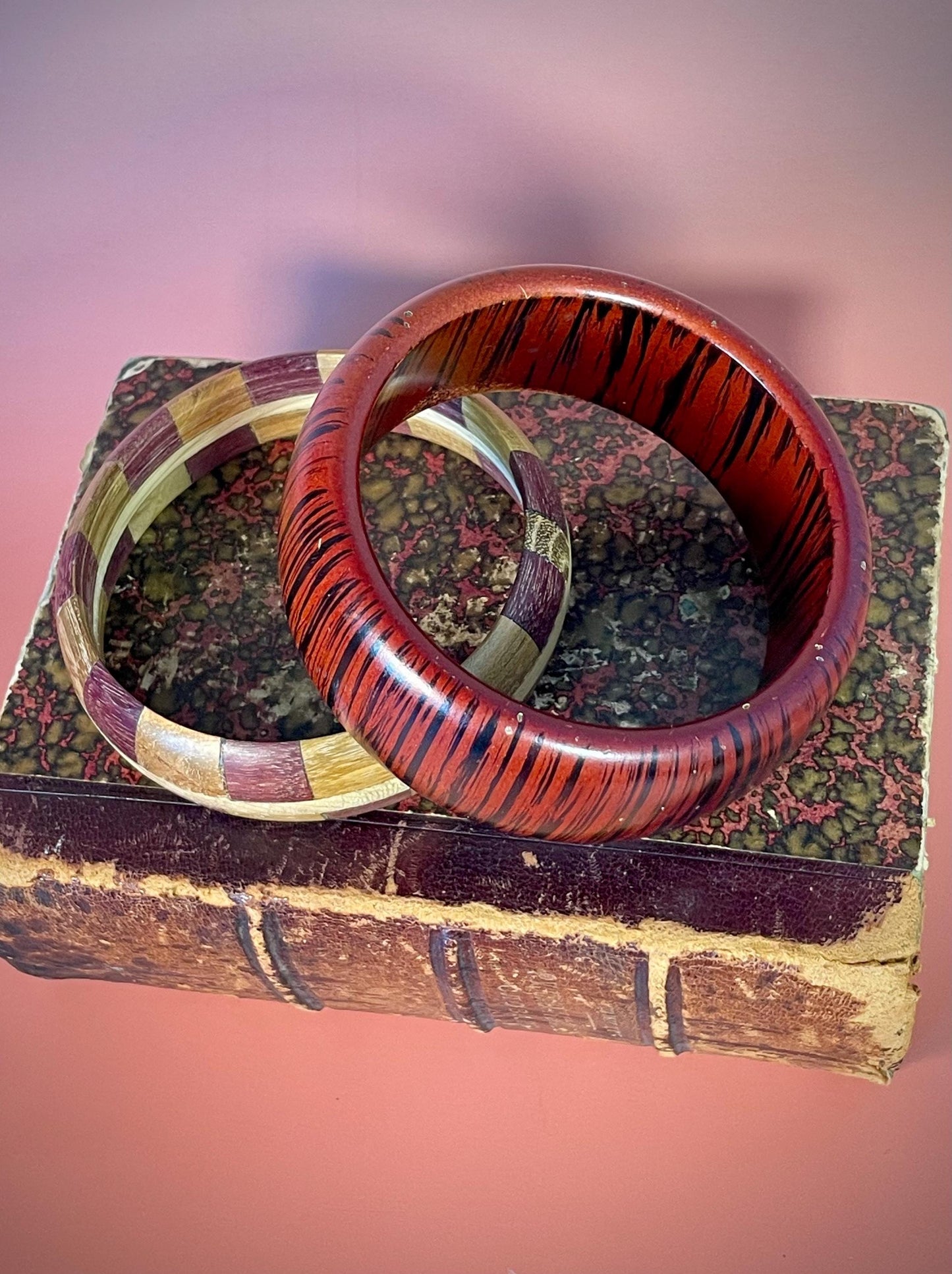 Lot of 2 Wooden Bracelets 3-Inch Diameter, Striped and Patchwork Designs