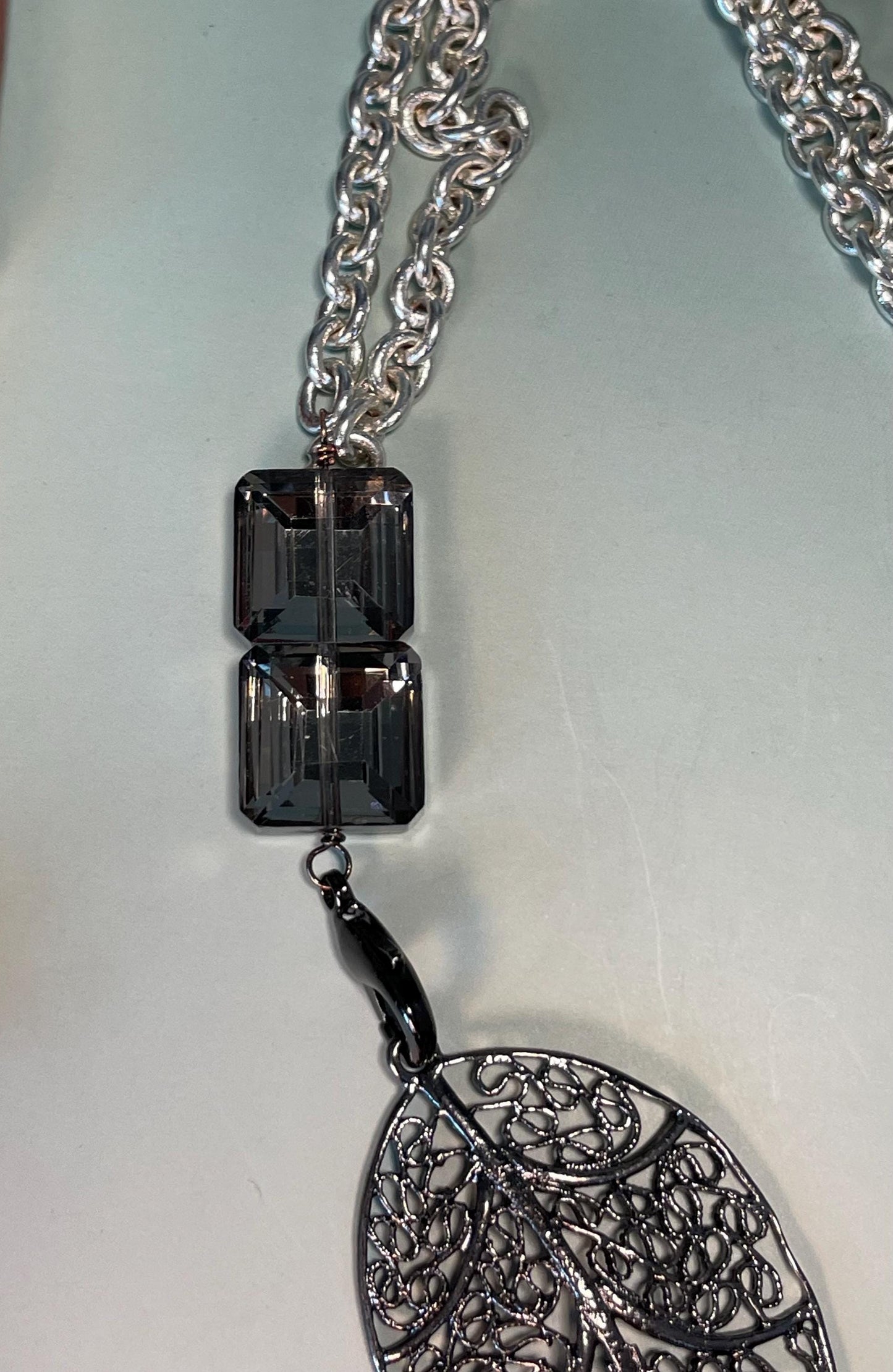 Lot of 2 Necklaces Red Beaded 24 inch with 4.5 inch Pendant & Silver Leaf 32 inch with 4 inch Pendant