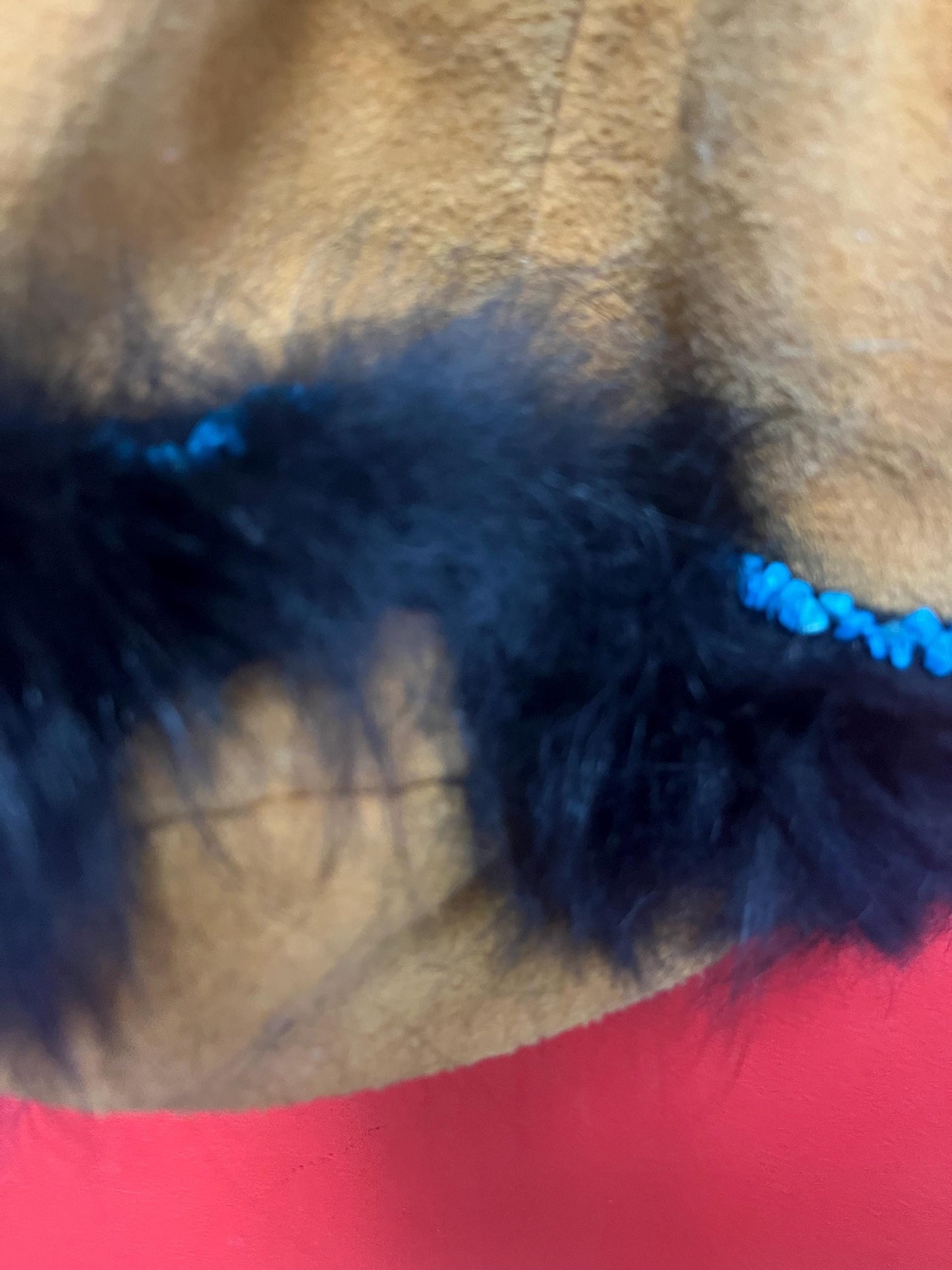 stunning American native moosehide purse lined with fur and turquoise pretty good condition see photos- 34 inches total and bag 10 inches