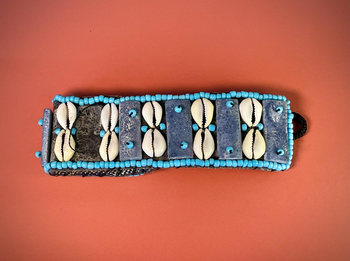 12 inch Seashell & Beaded Fabric Bracelet Adjustable Tie Closure, As-Is