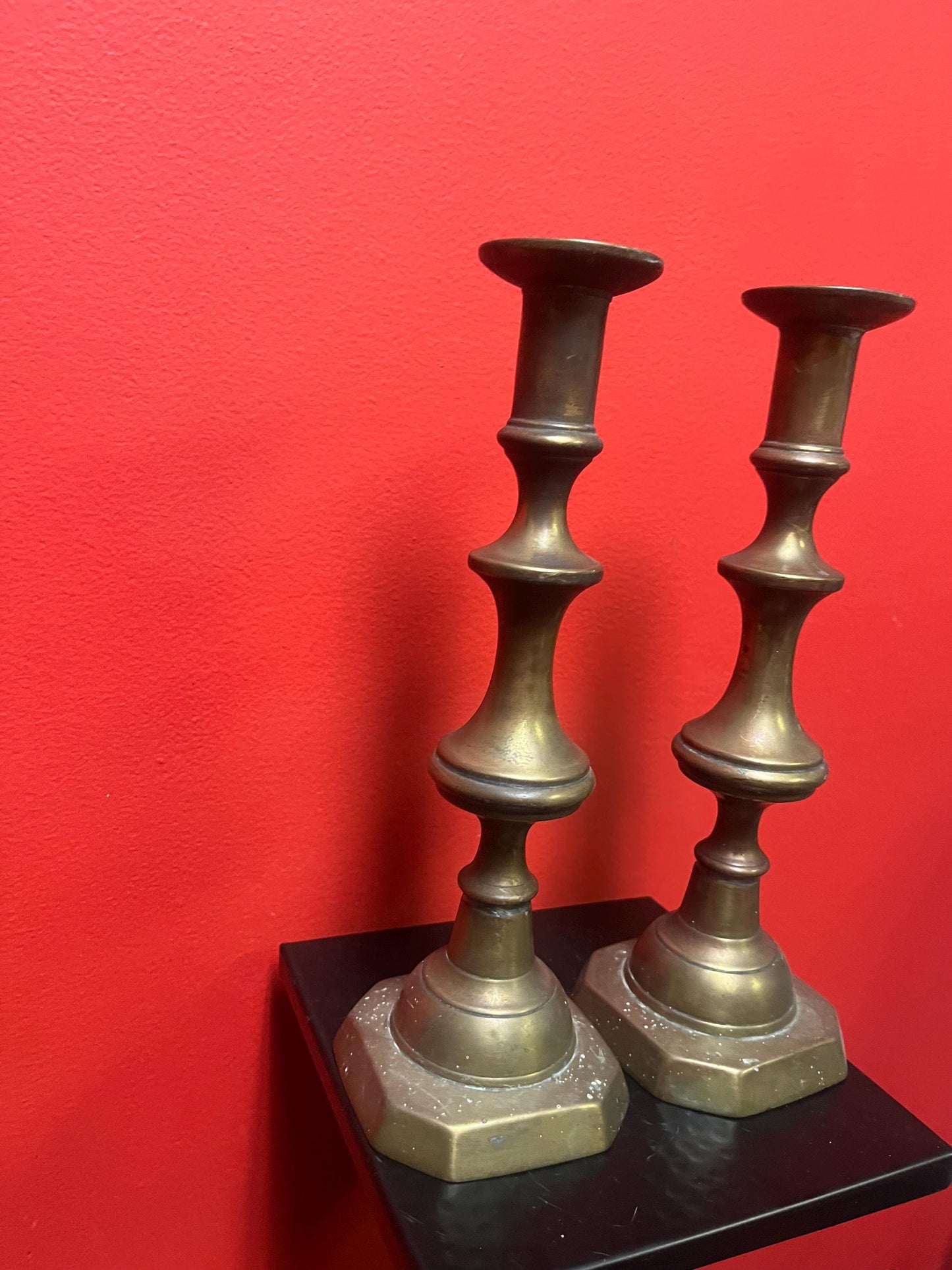 Beautiful antique brass candlesticks 11 inches tall and stable on the table - lovely pair