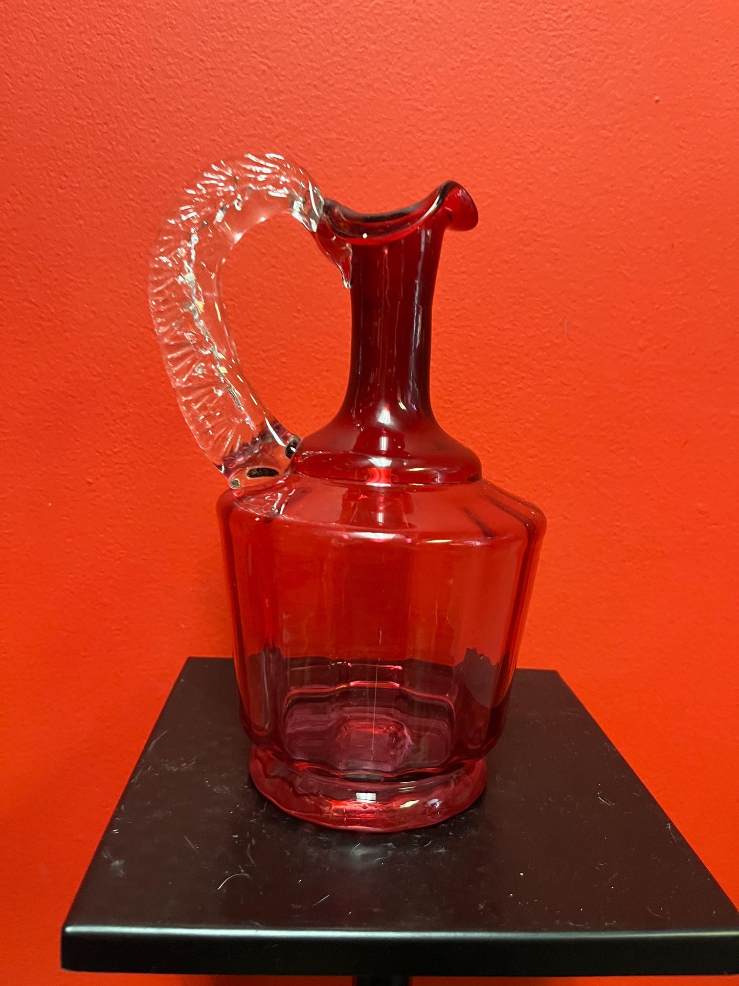 Beautiful 9 inch tall antique English Victorian cranberry glass pitcher jug perfect for flowers great price