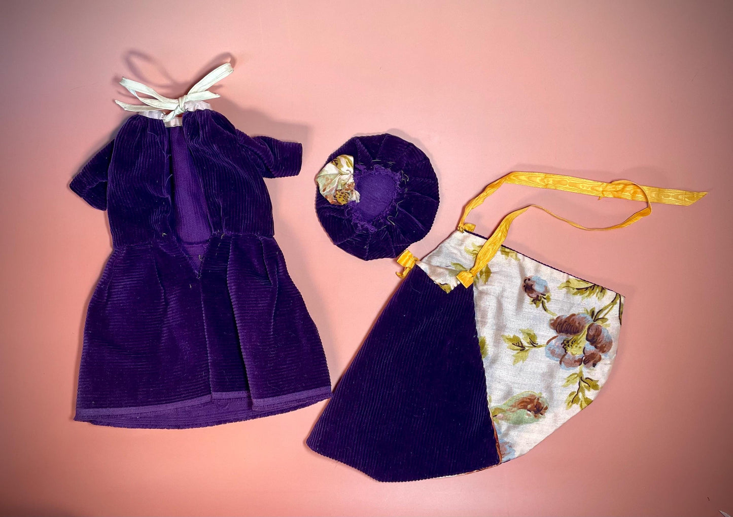 Vintage Purple Doll Clothes dress set with Cape and Hat
